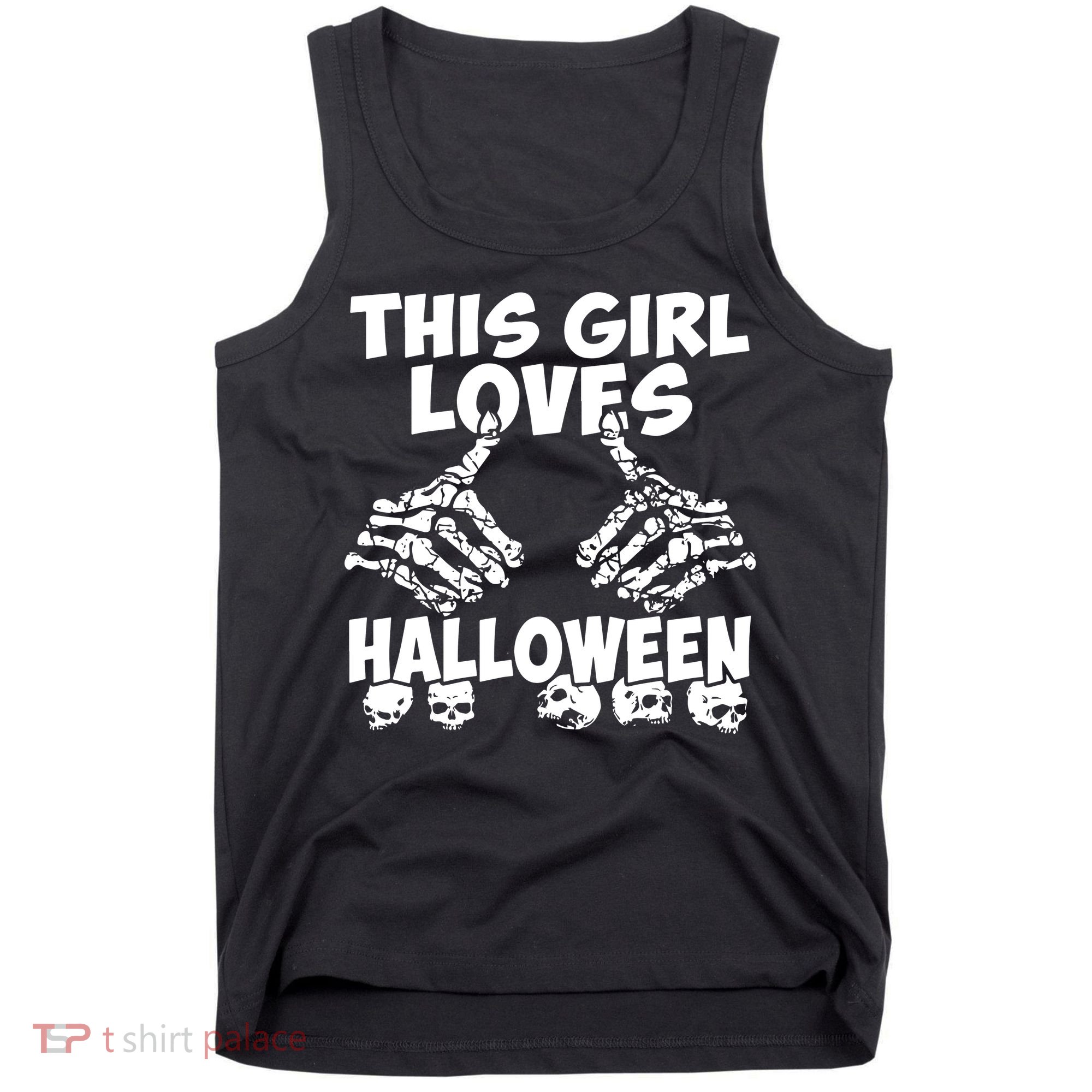 This Girl Lovers Halloween Satan Scare Black White Skeleton Tank Top