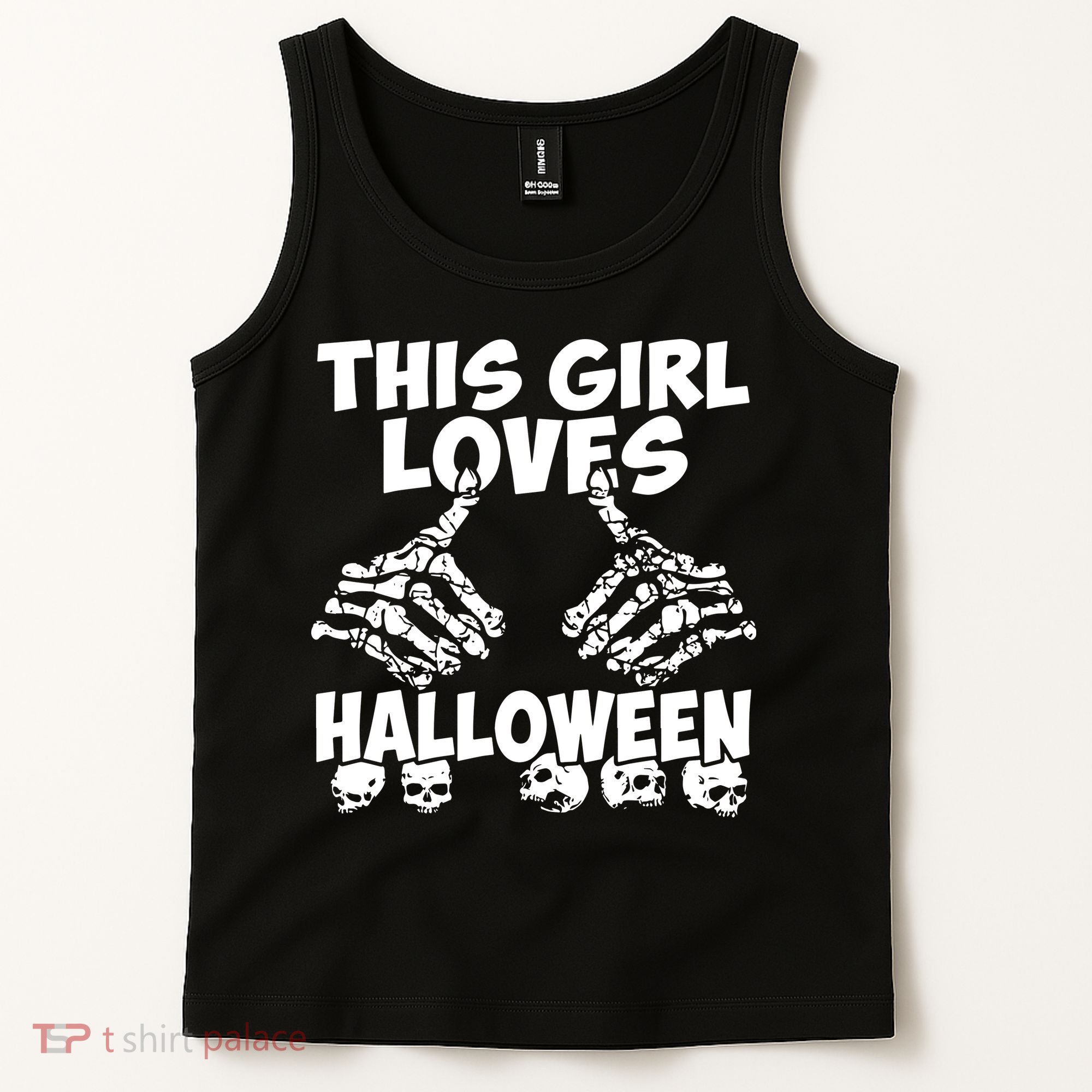 This Girl Lovers Halloween Satan Scare Black White Skeleton Tank Top