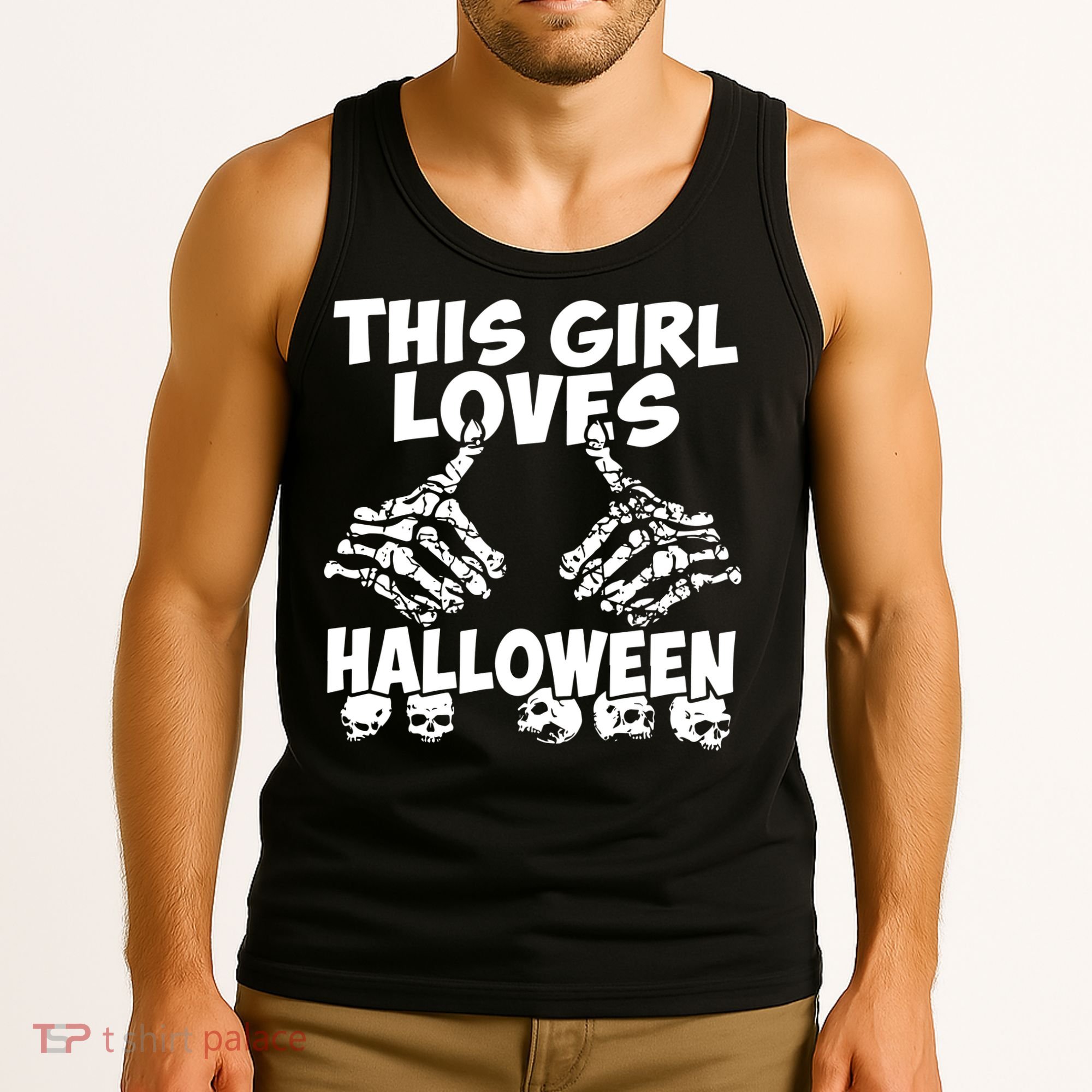 This Girl Lovers Halloween Satan Scare Black White Skeleton Tank Top