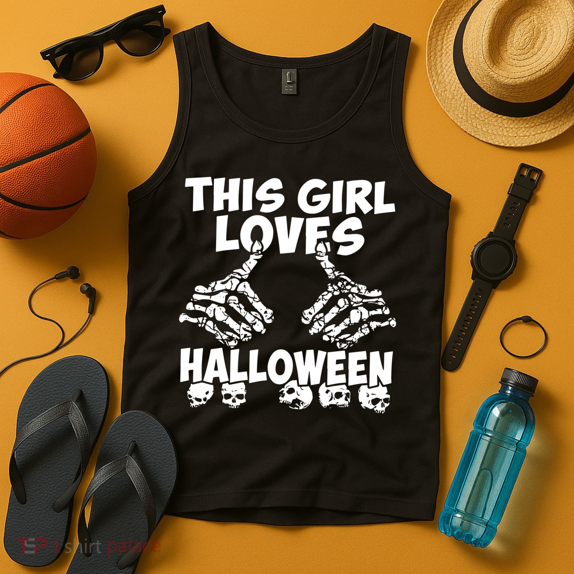 This Girl Lovers Halloween Satan Scare Black White Skeleton Tank Top