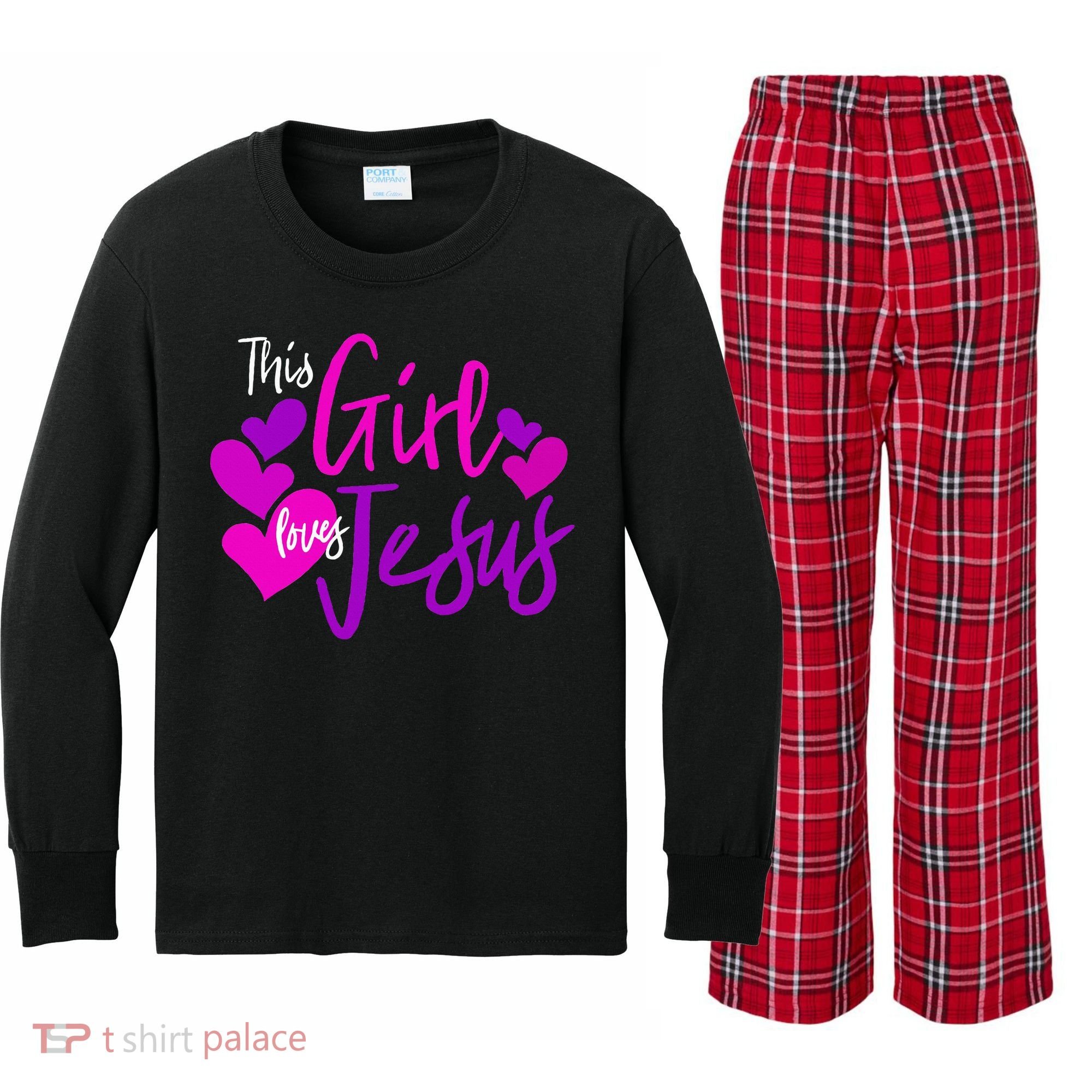 This Girl Loves Jesus Hearts Christian  Kids Long Sleeve Plaid Pajama Set