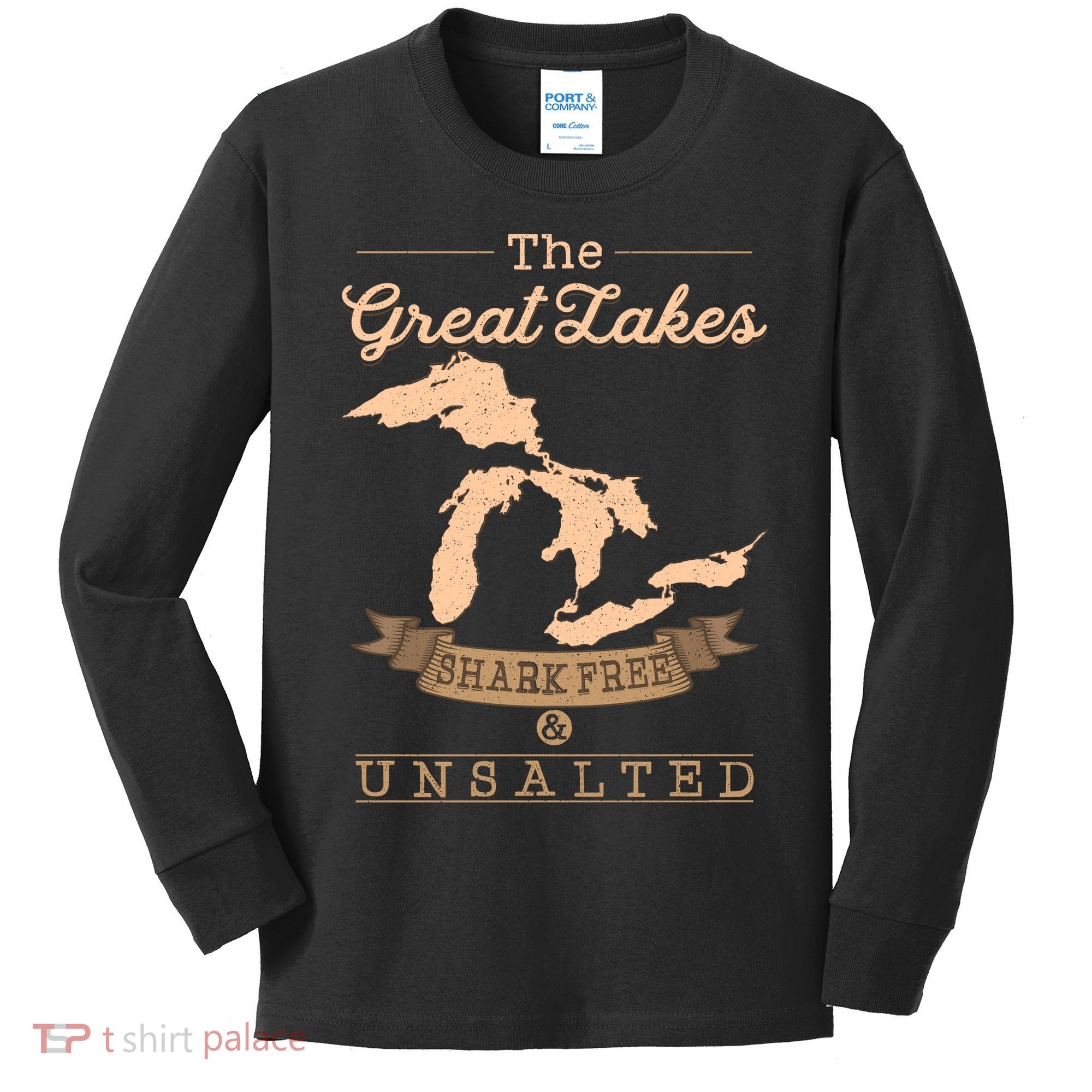 The Great Lakes Shark Free Unsalted Michigan Gift Kids Long Sleeve Shirt