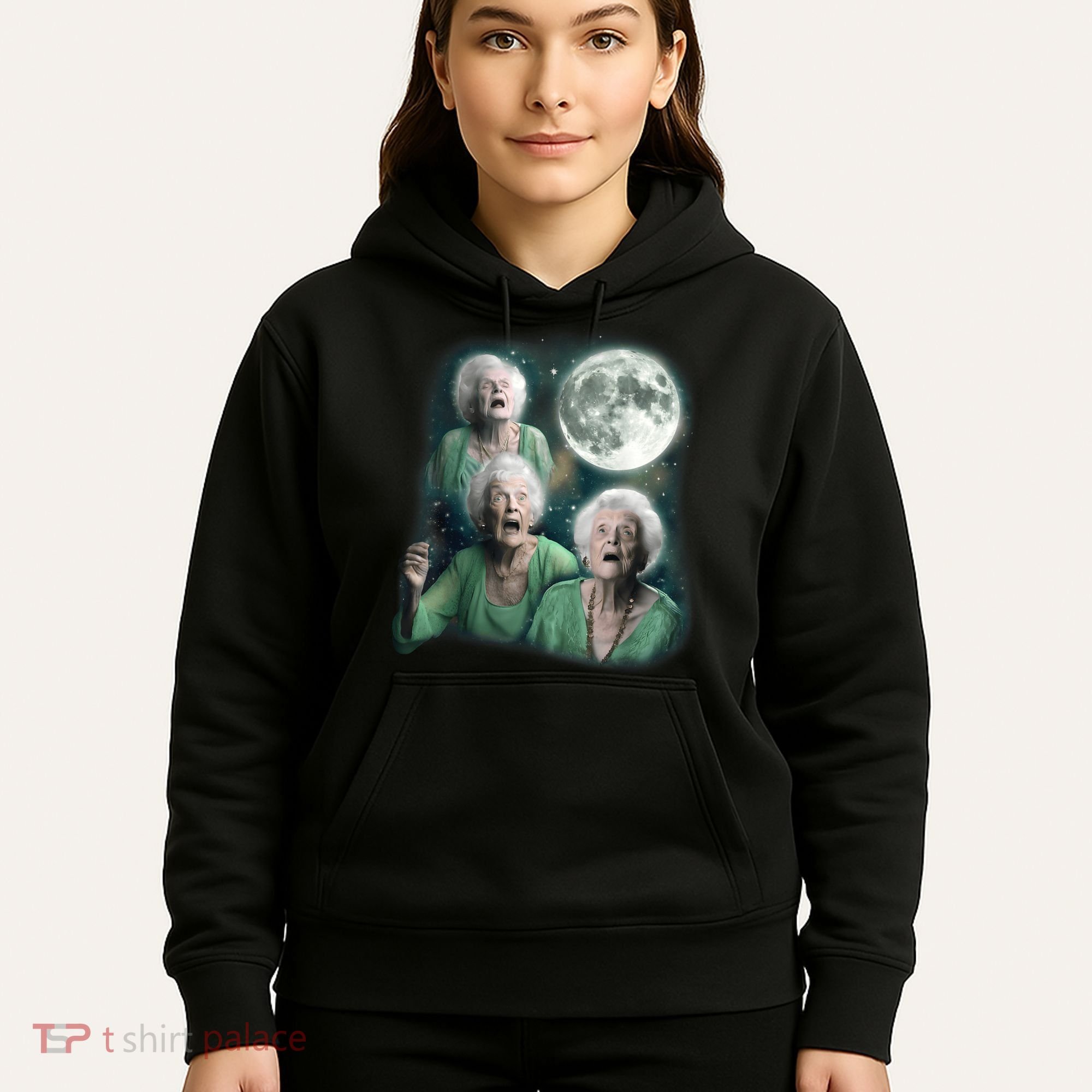 Three Granny Moon 3 Old Ladys Howling Weird Cursed Meme Hoodie