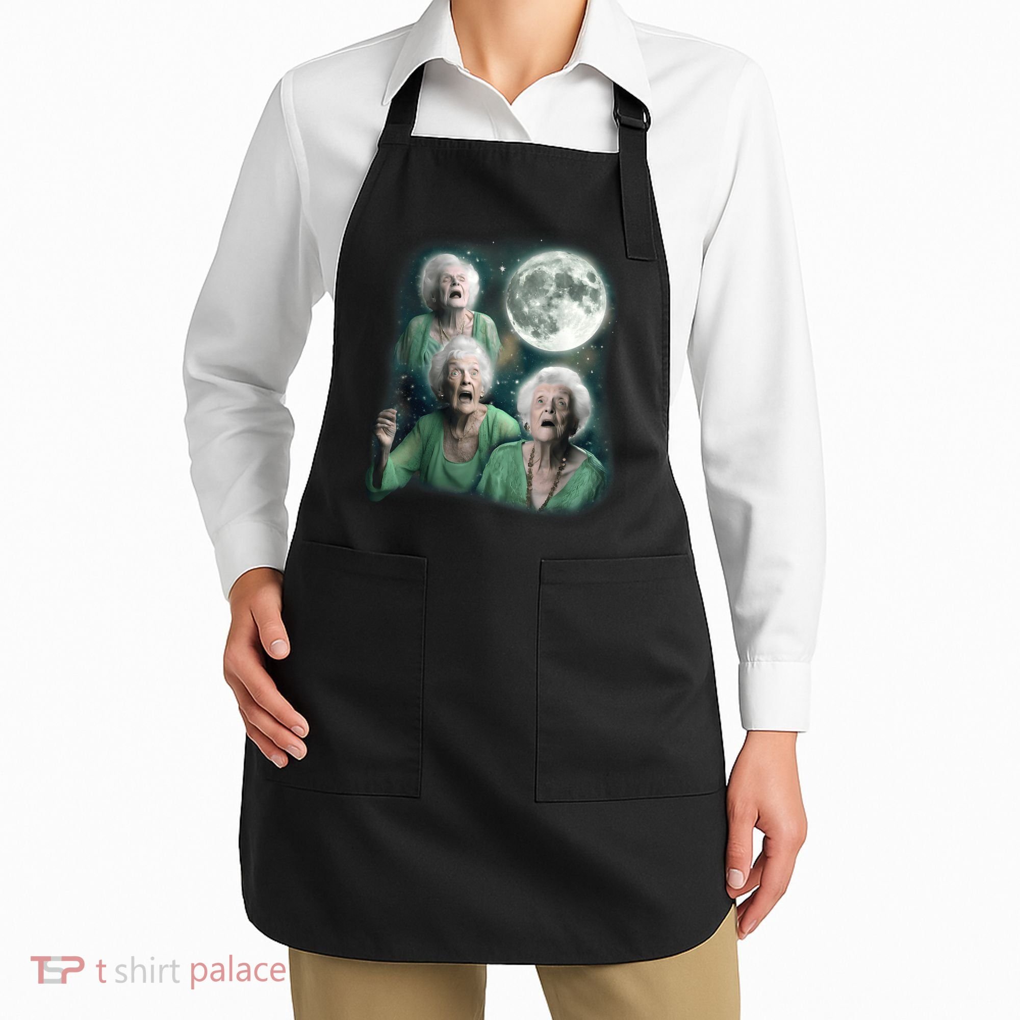 Three Granny Moon 3 Old Ladys Howling Weird Cursed Meme Apron