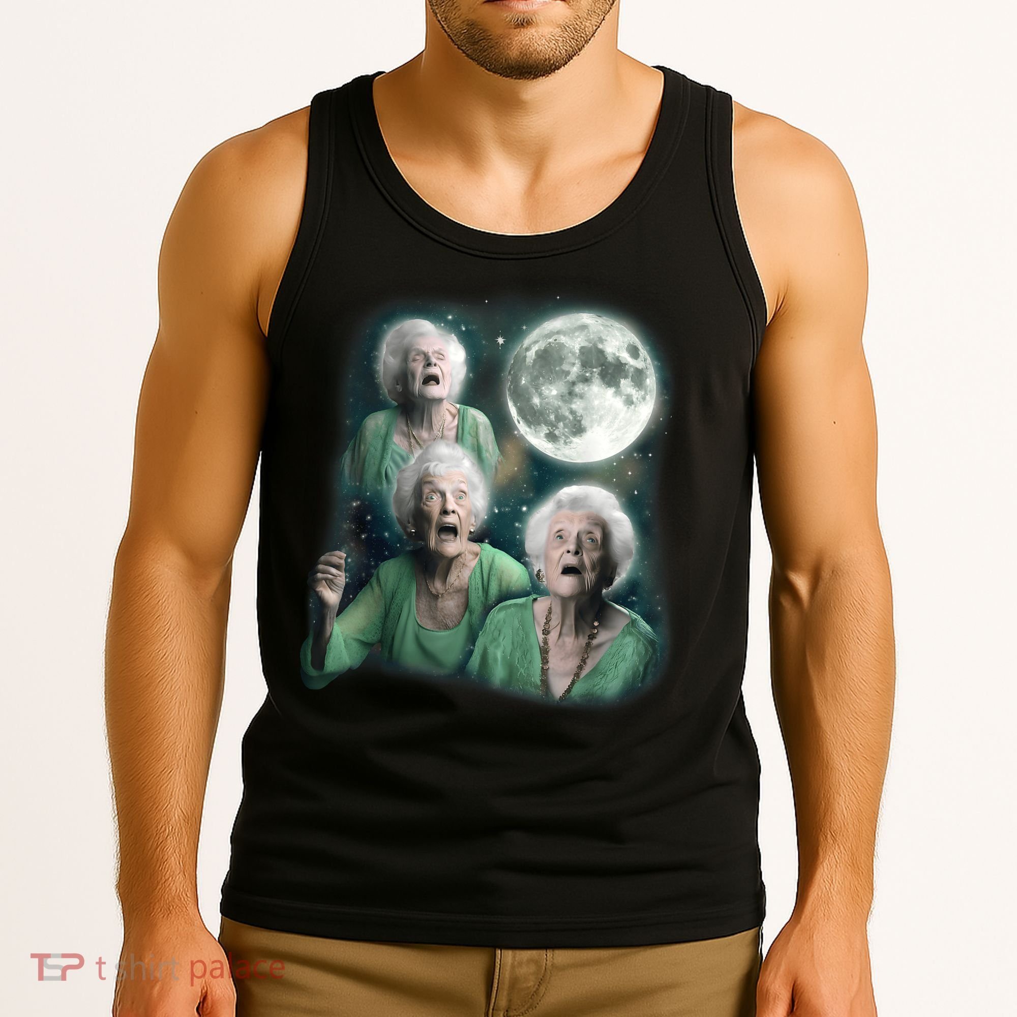 Three Granny Moon 3 Old Ladys Howling Weird Cursed Meme Tank Top