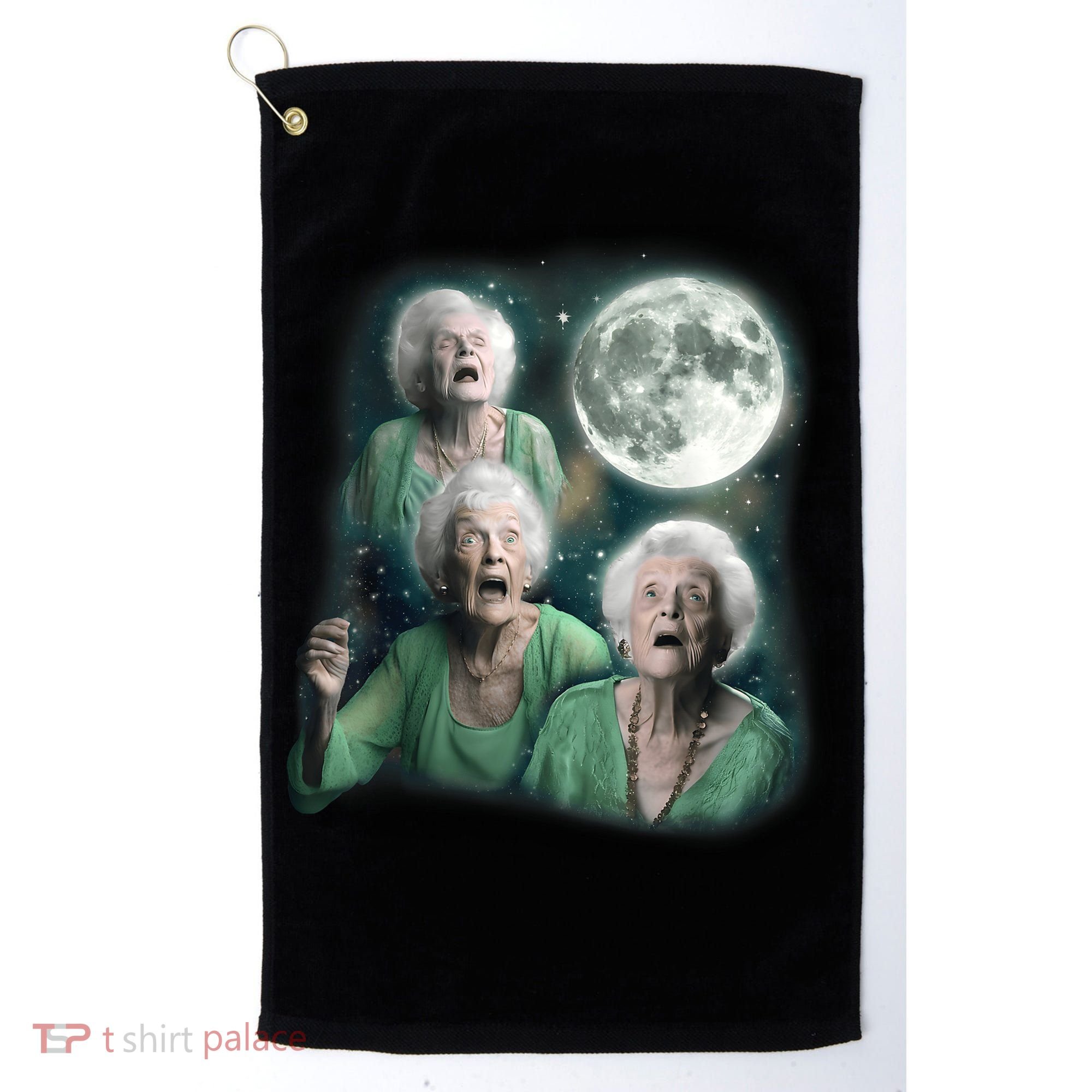 Three Granny Moon 3 Old Ladys Howling Weird Cursed Meme Golf Towel