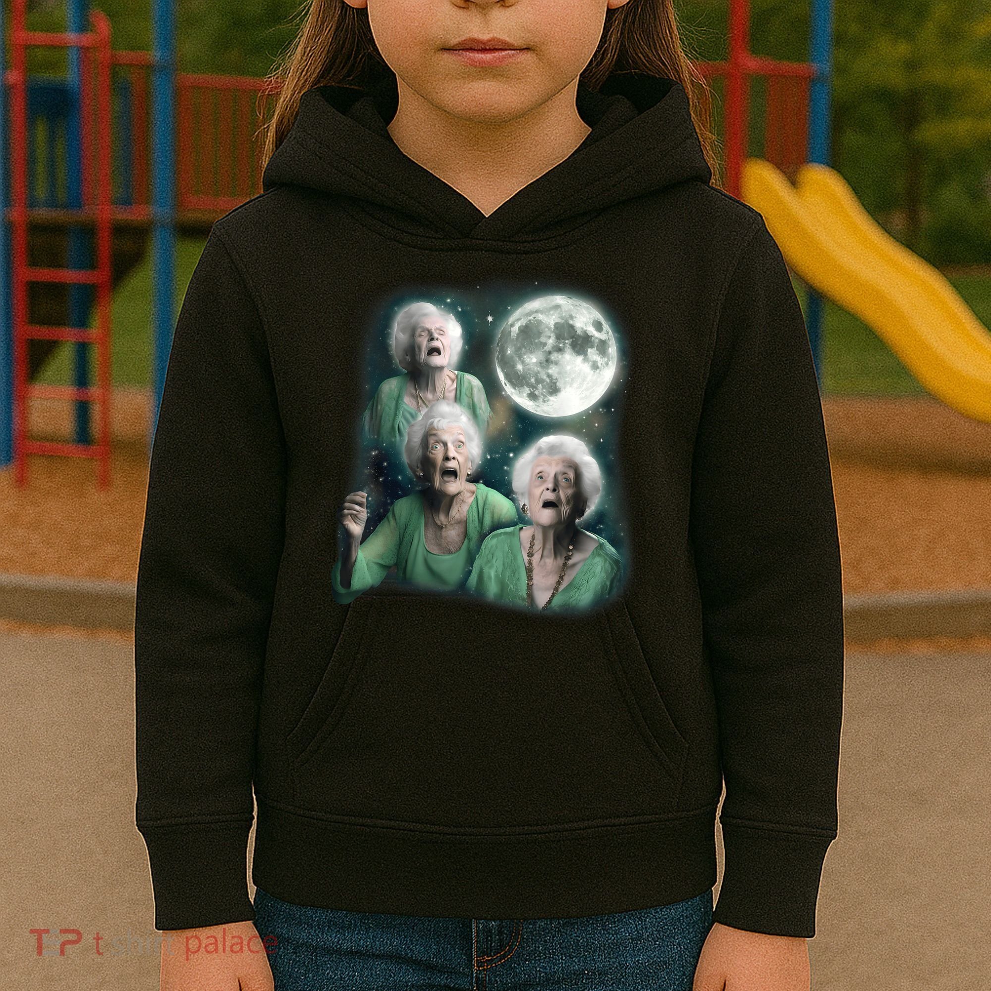 Three Granny Moon 3 Old Ladys Howling Weird Cursed Meme Kids Hoodie