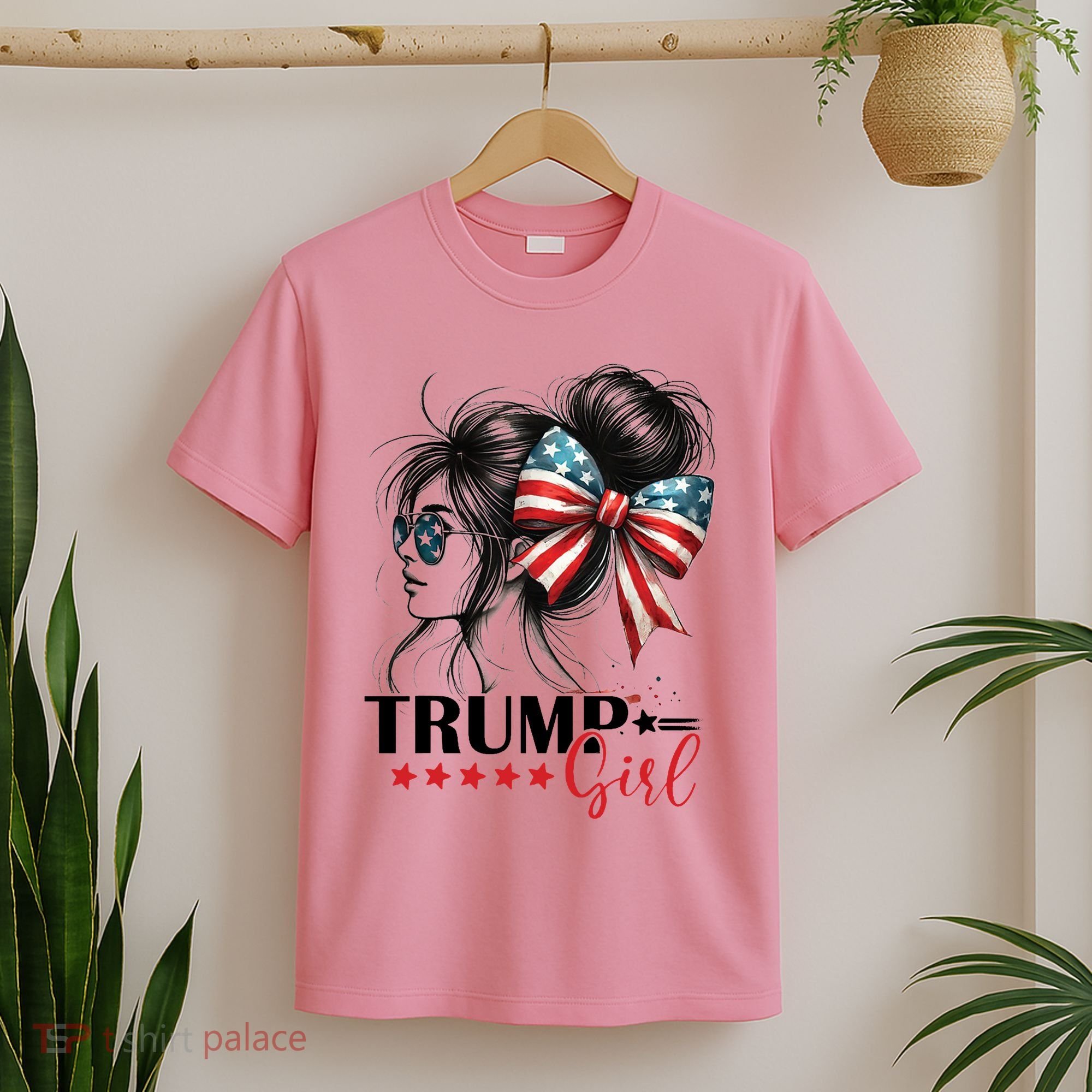 Trump Girl Messy Bun Sunglasses Usa Flag T-Shirt