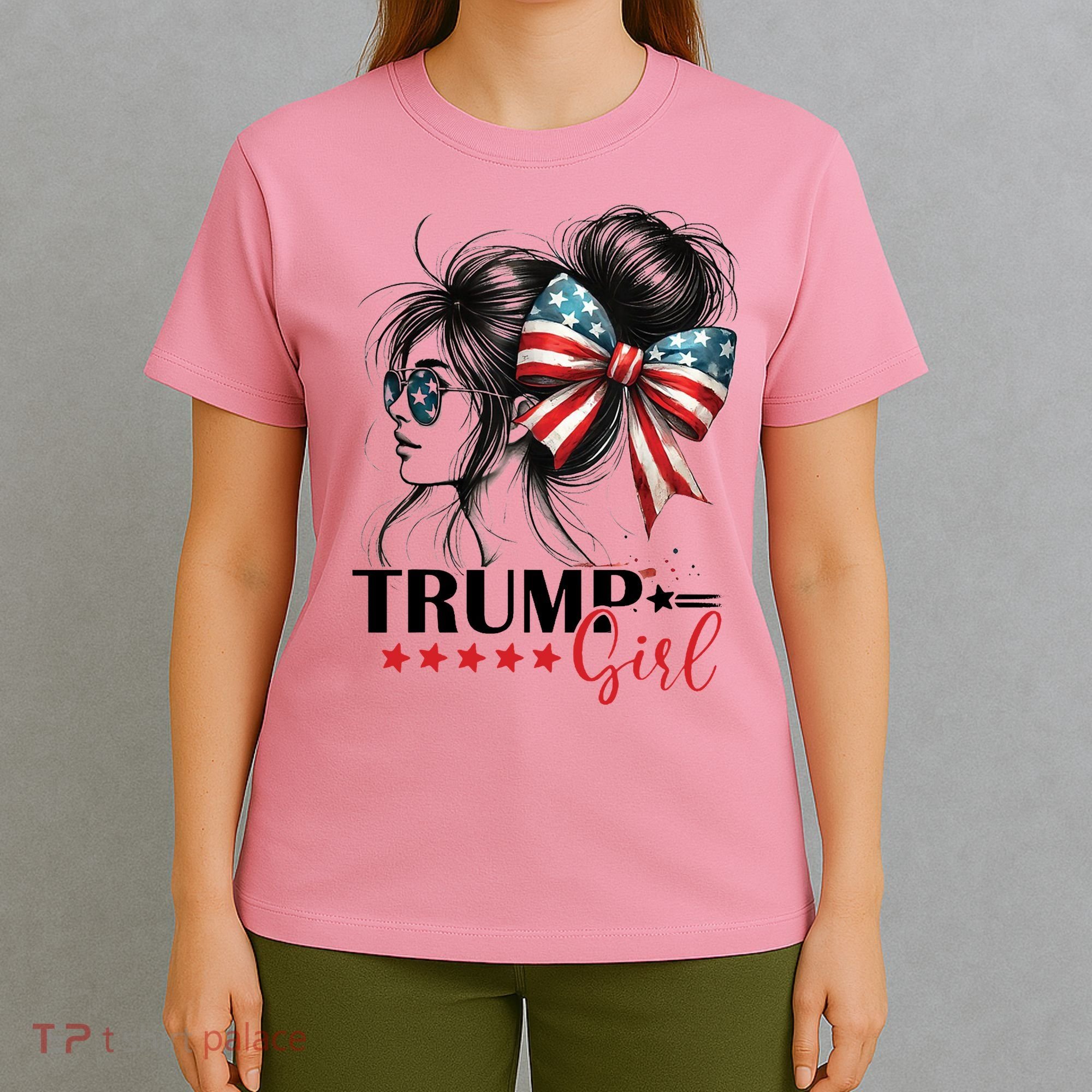 Trump Girl Messy Bun Sunglasses Usa Flag T-Shirt