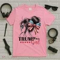 Trump Girl Messy Bun Sunglasses Usa Flag T-Shirt thumb 5