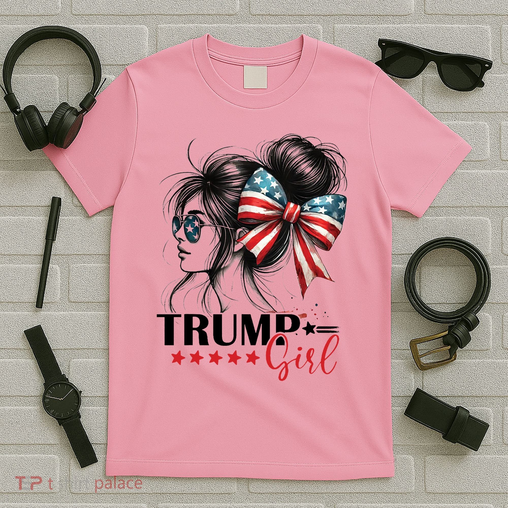 Trump Girl Messy Bun Sunglasses Usa Flag T-Shirt