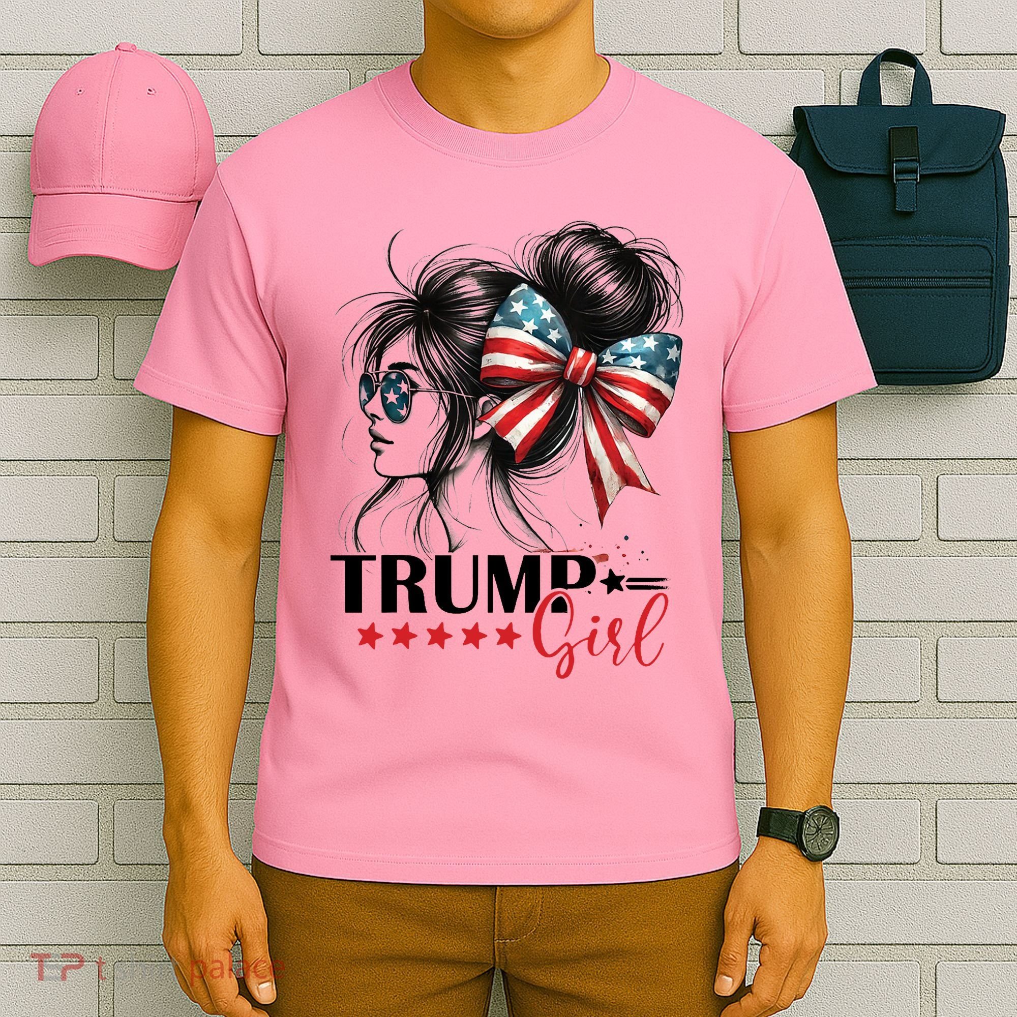 Trump Girl Messy Bun Sunglasses Usa Flag T-Shirt