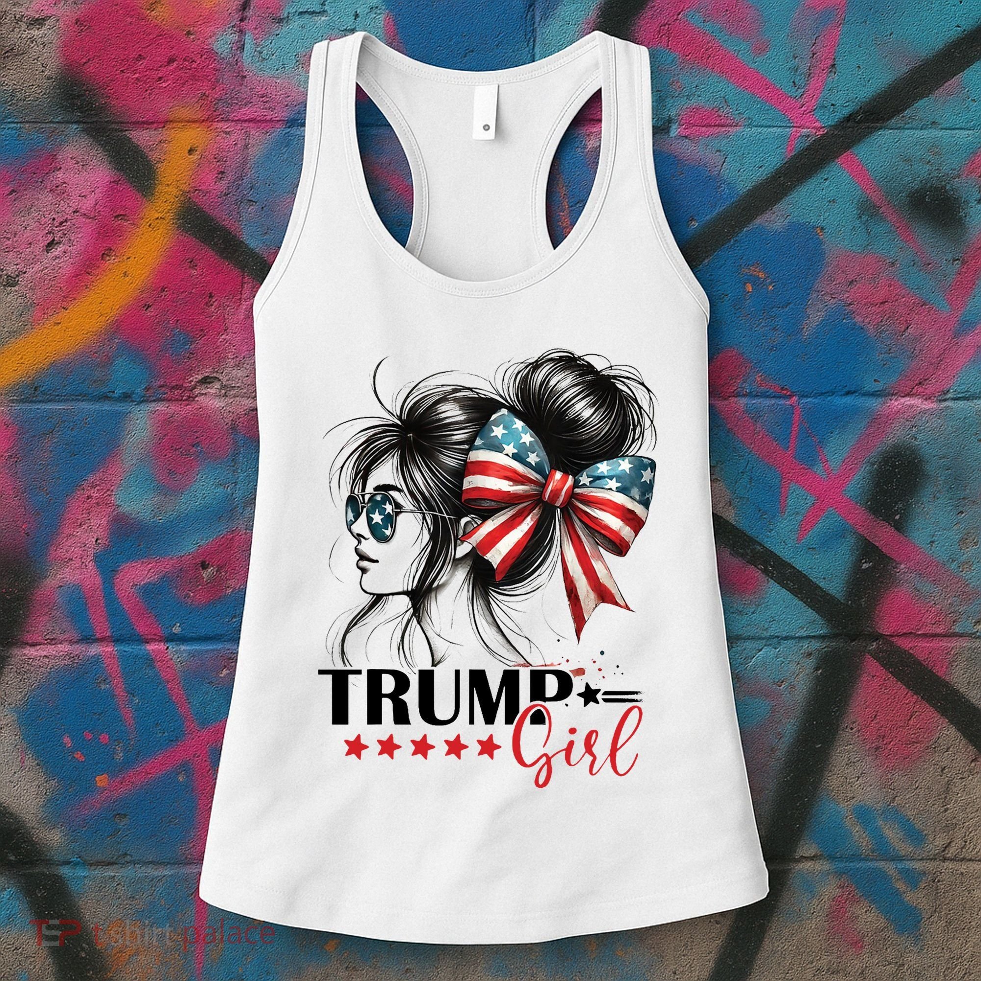 Trump Girl Messy Bun Sunglasses Usa Flag Women's Tank Top