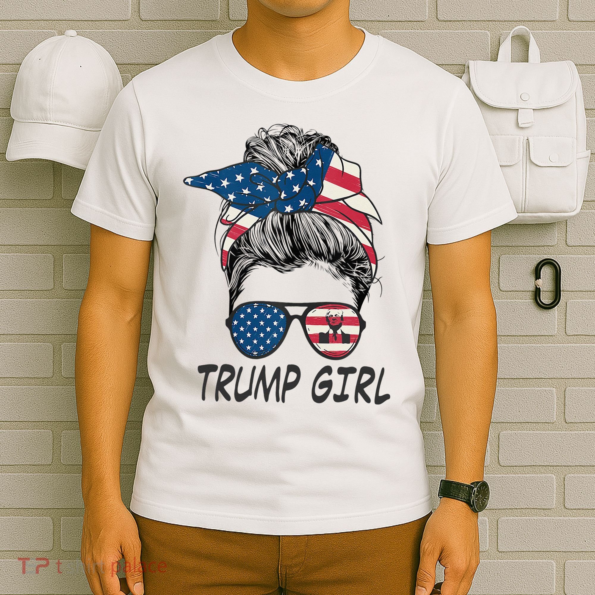 Trump Girl Messy Bun American Flag Women T-Shirt
