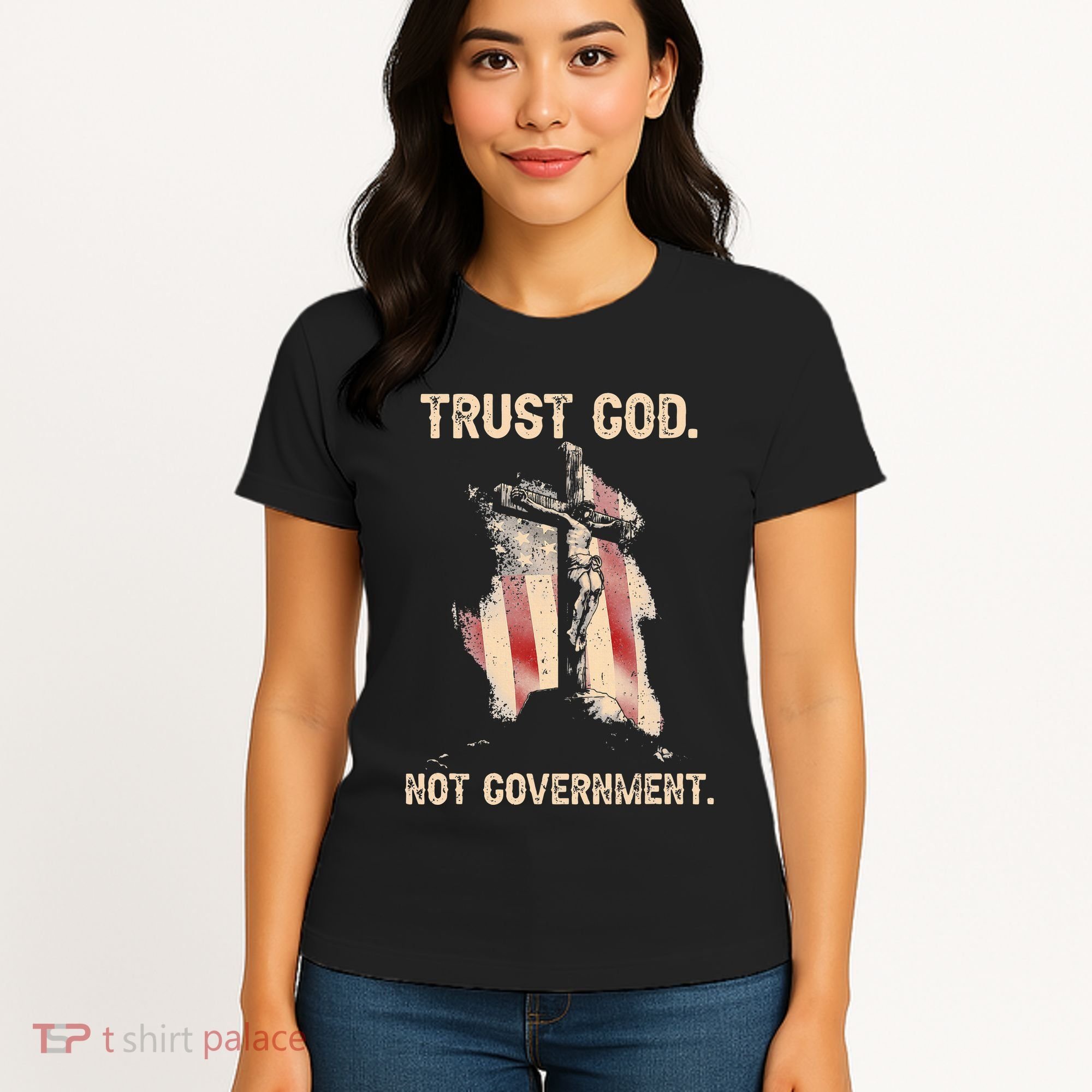 Trust God Not Government Christian Faith Cross Us Flag Women's T-Shirt