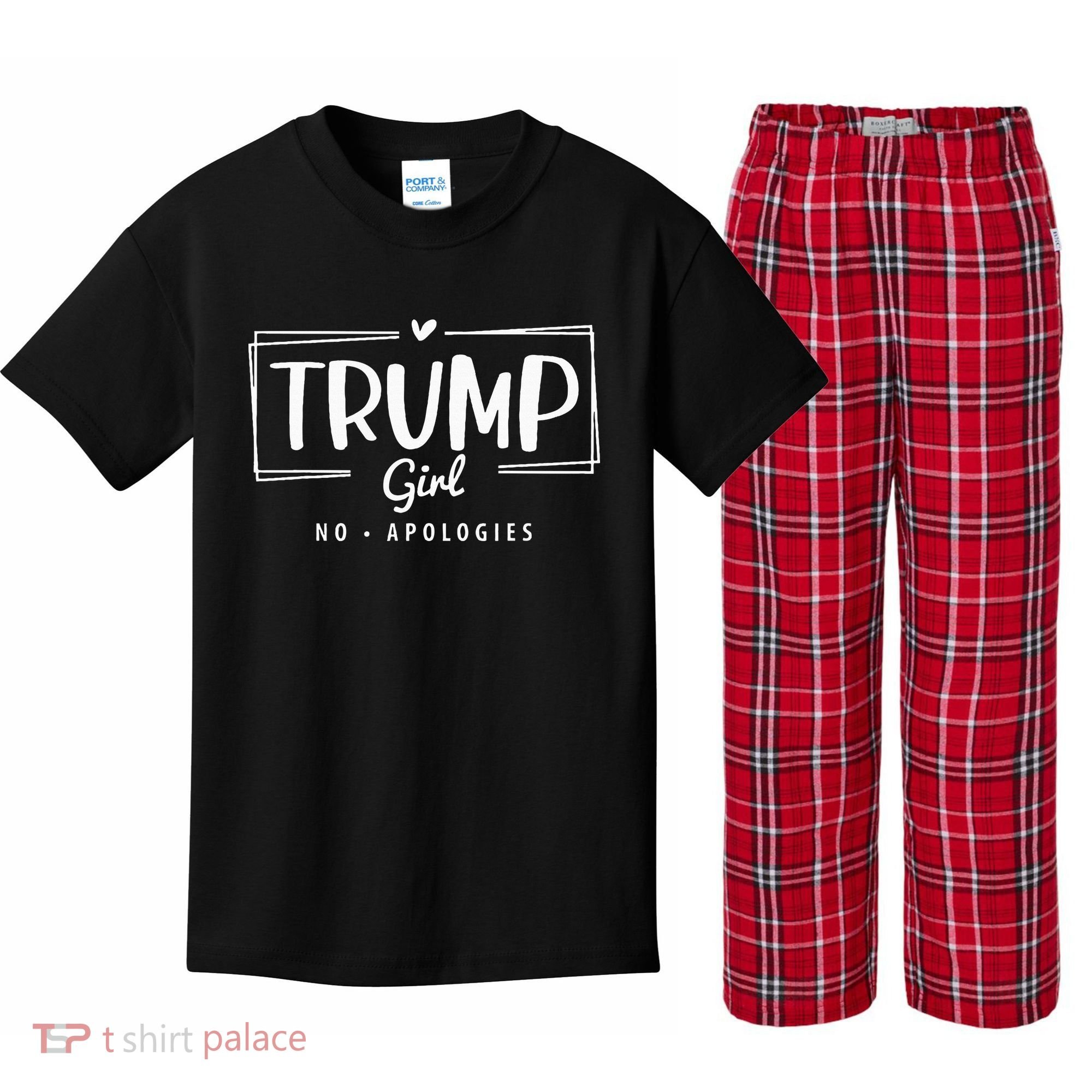 Trump Girl No Apologies Election 2024 Kids Plaid Pajama Set