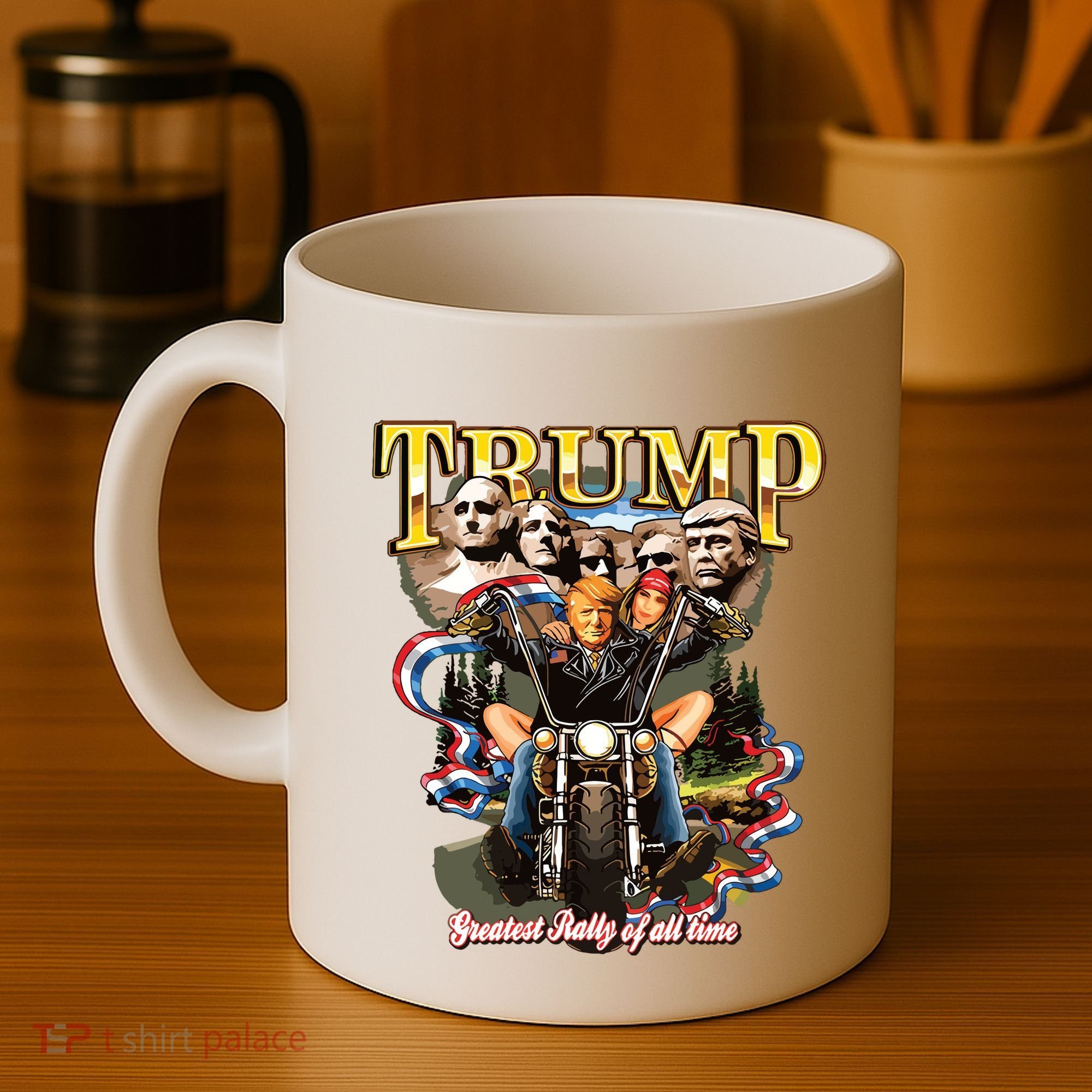 Trump Greatest Rally Of All Time Motorcycle On Back Coffee Mug