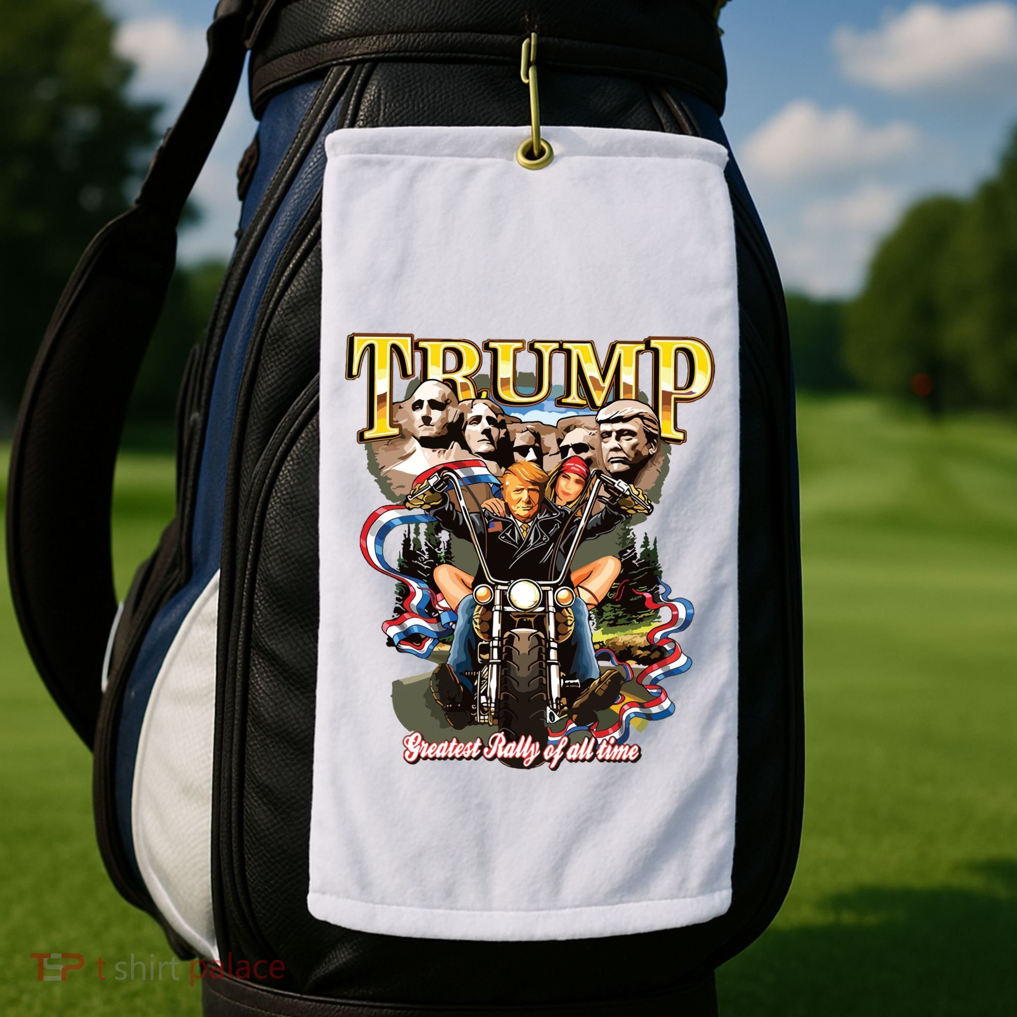Trump Greatest Rally Of All Time Motorcycle On Back Golf Towel