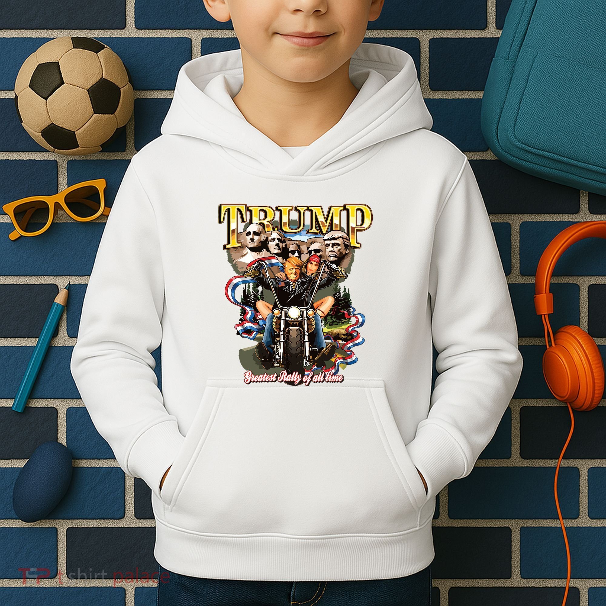 Trump Greatest Rally Of All Time Motorcycle On Back Kids Hoodie