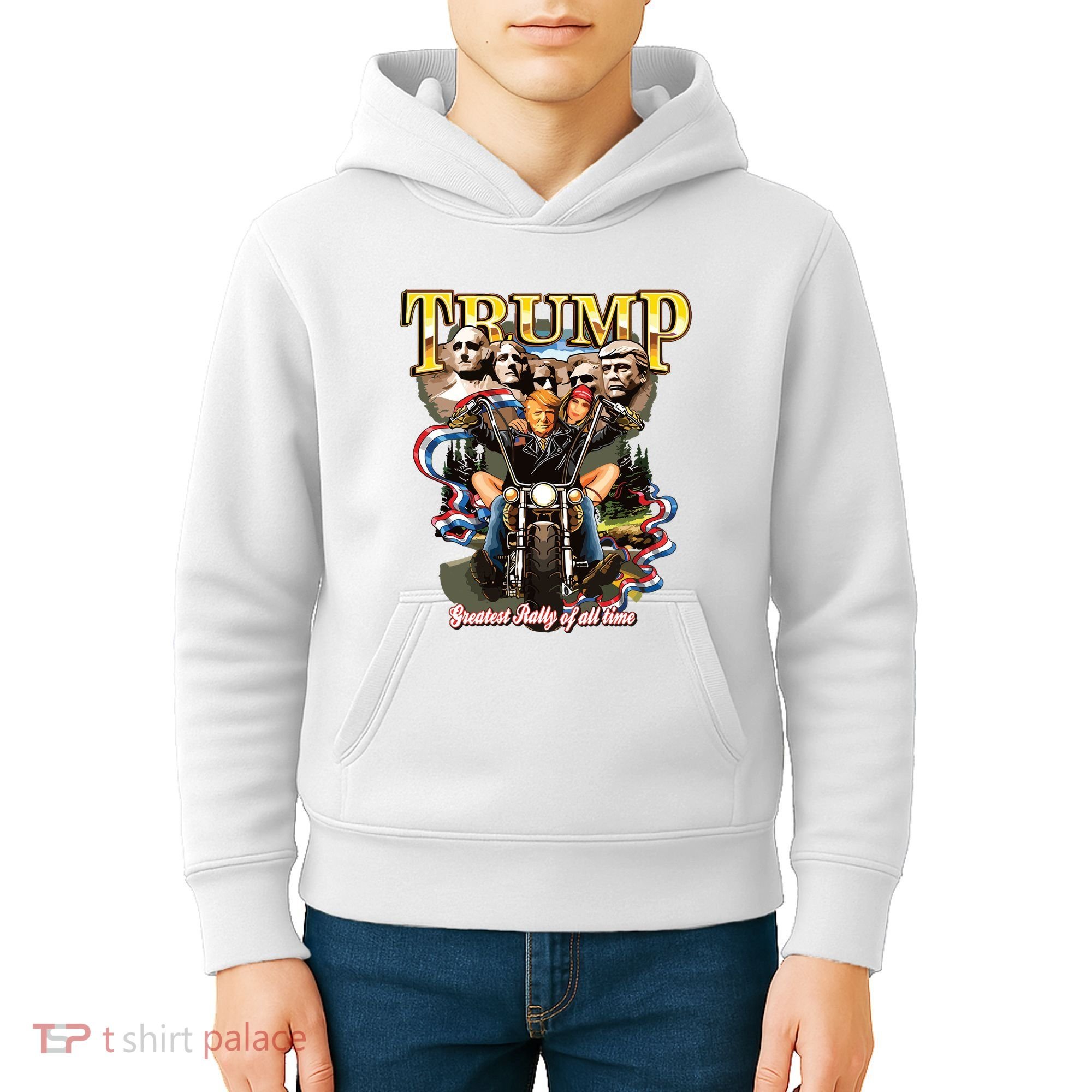 Trump Greatest Rally Of All Time Motorcycle On Back Kids Hoodie