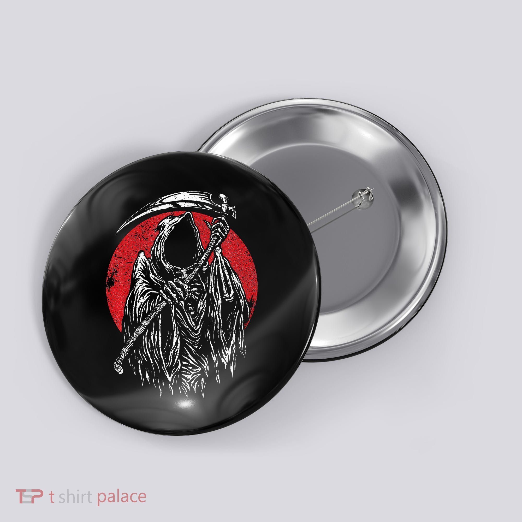 The Grim Reaper Skeleton Skull Death Scythe Grunge Horror Button