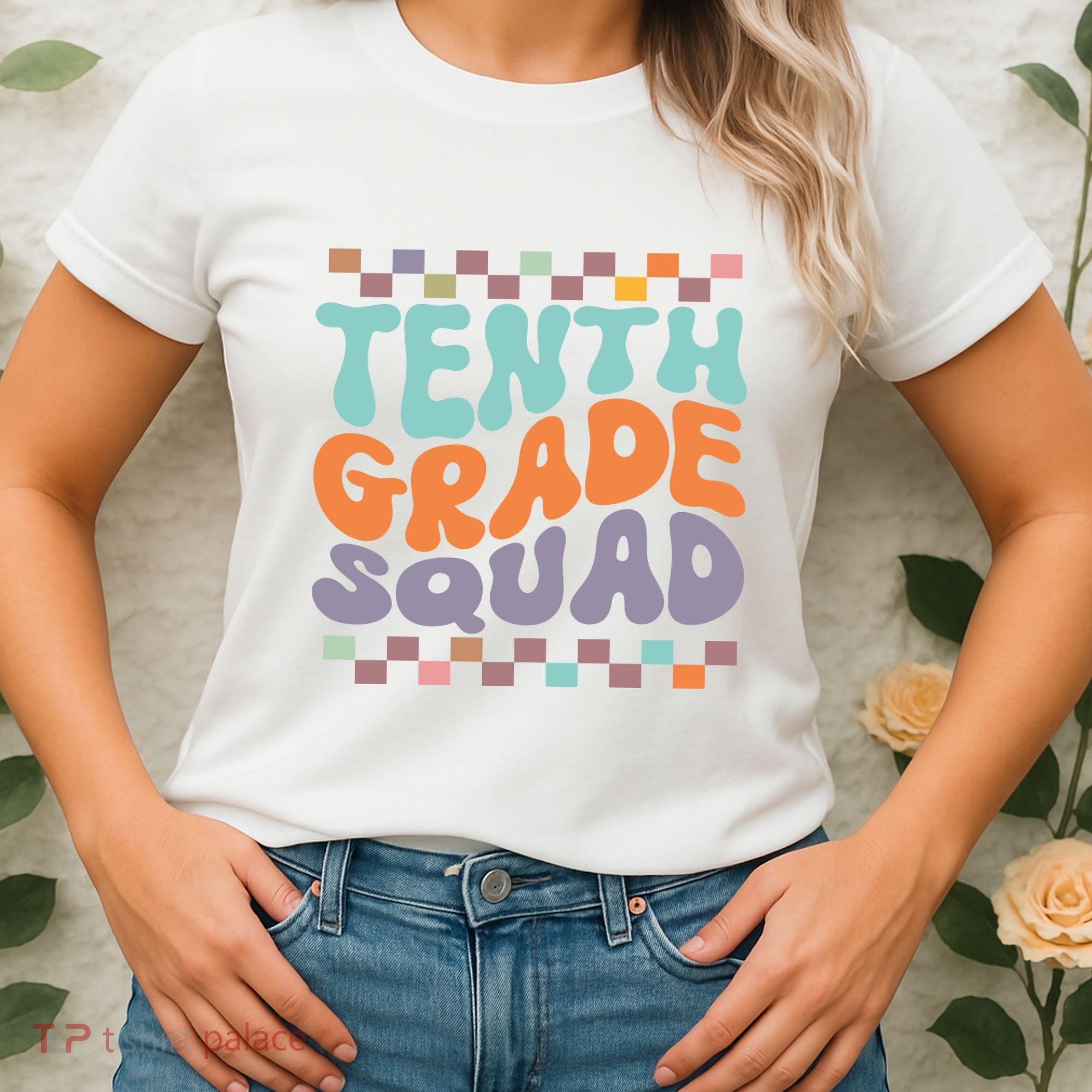 Tenth Grade Squad Retro Groovy Happy First Day Of School Gift Women's T-Shirt