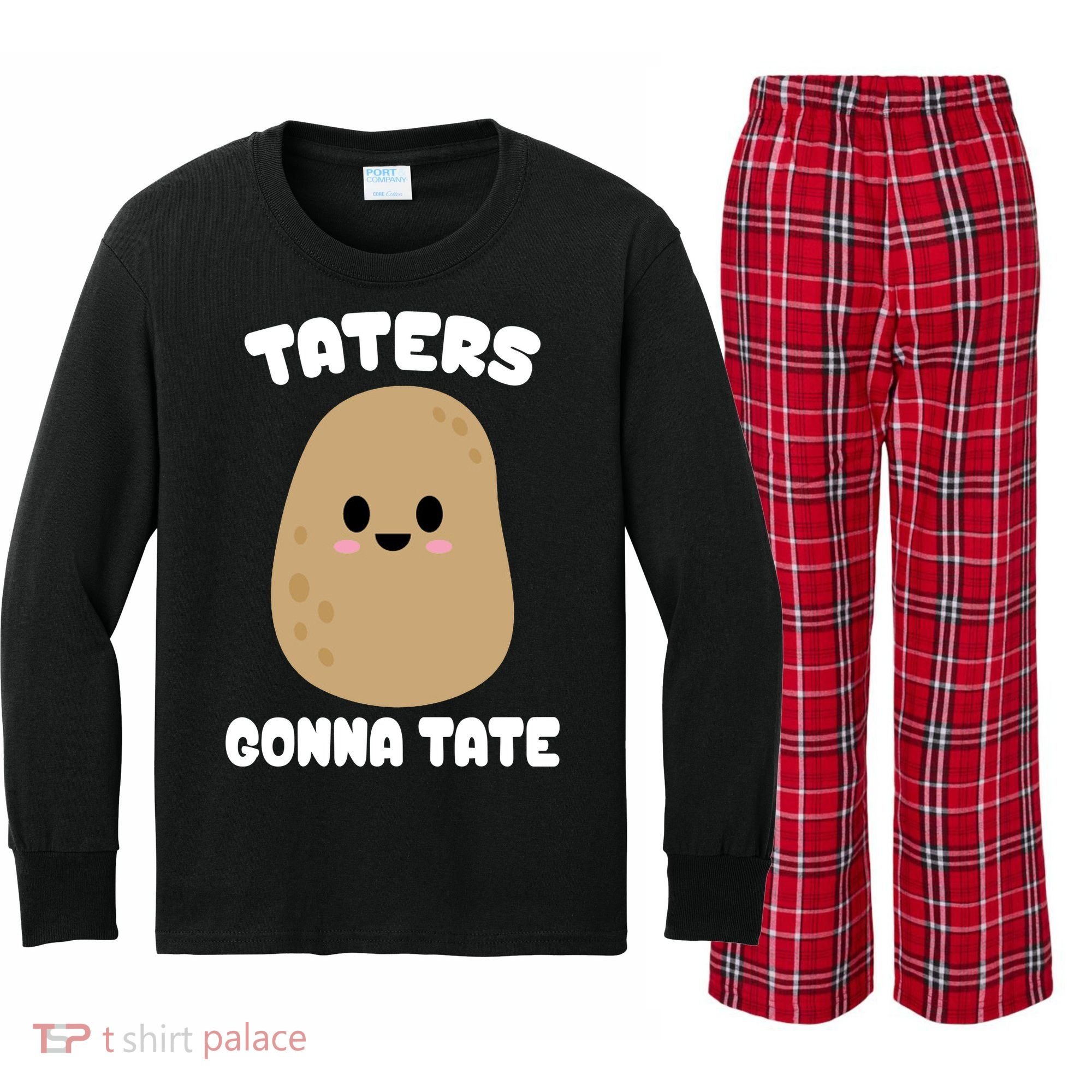 Taters Gonna Tate Funny Potato Kids Long Sleeve Plaid Pajama Set