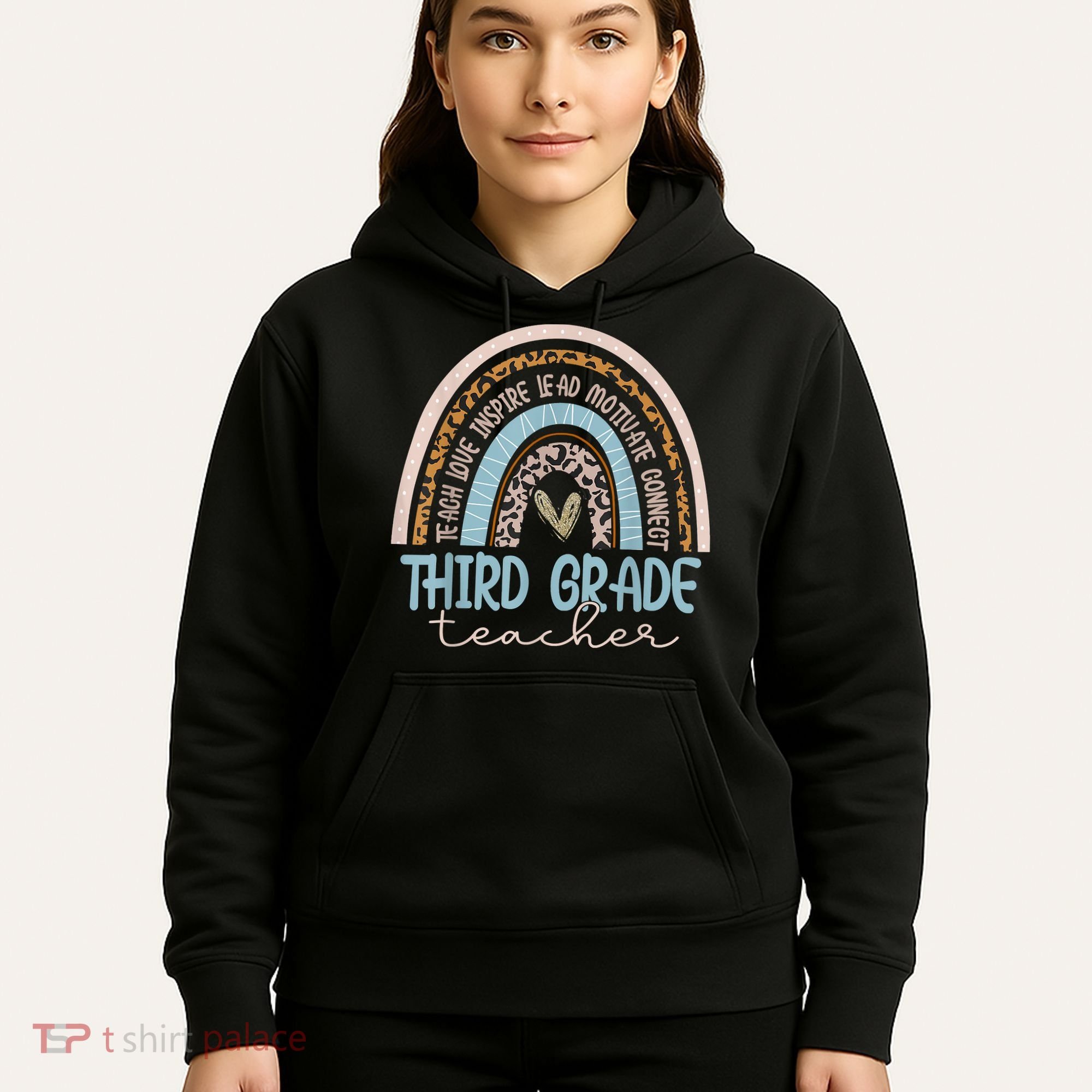 Third Grade Teacher Leopard Rainbow Hoodie