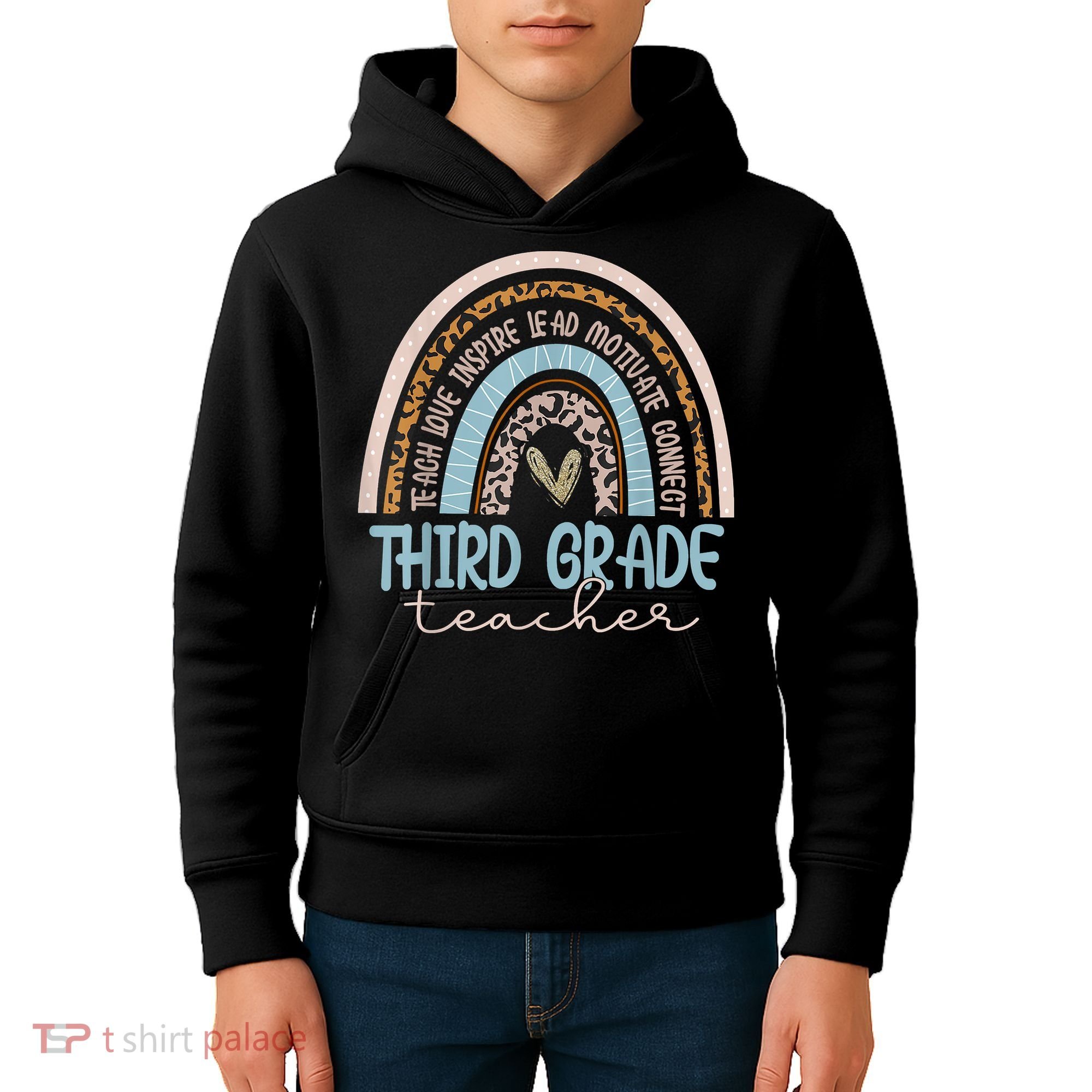 Third Grade Teacher Leopard Rainbow Kids Hoodie