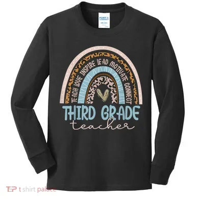 Third Grade Teacher Leopard Rainbow Kids Long Sleeve Shirt