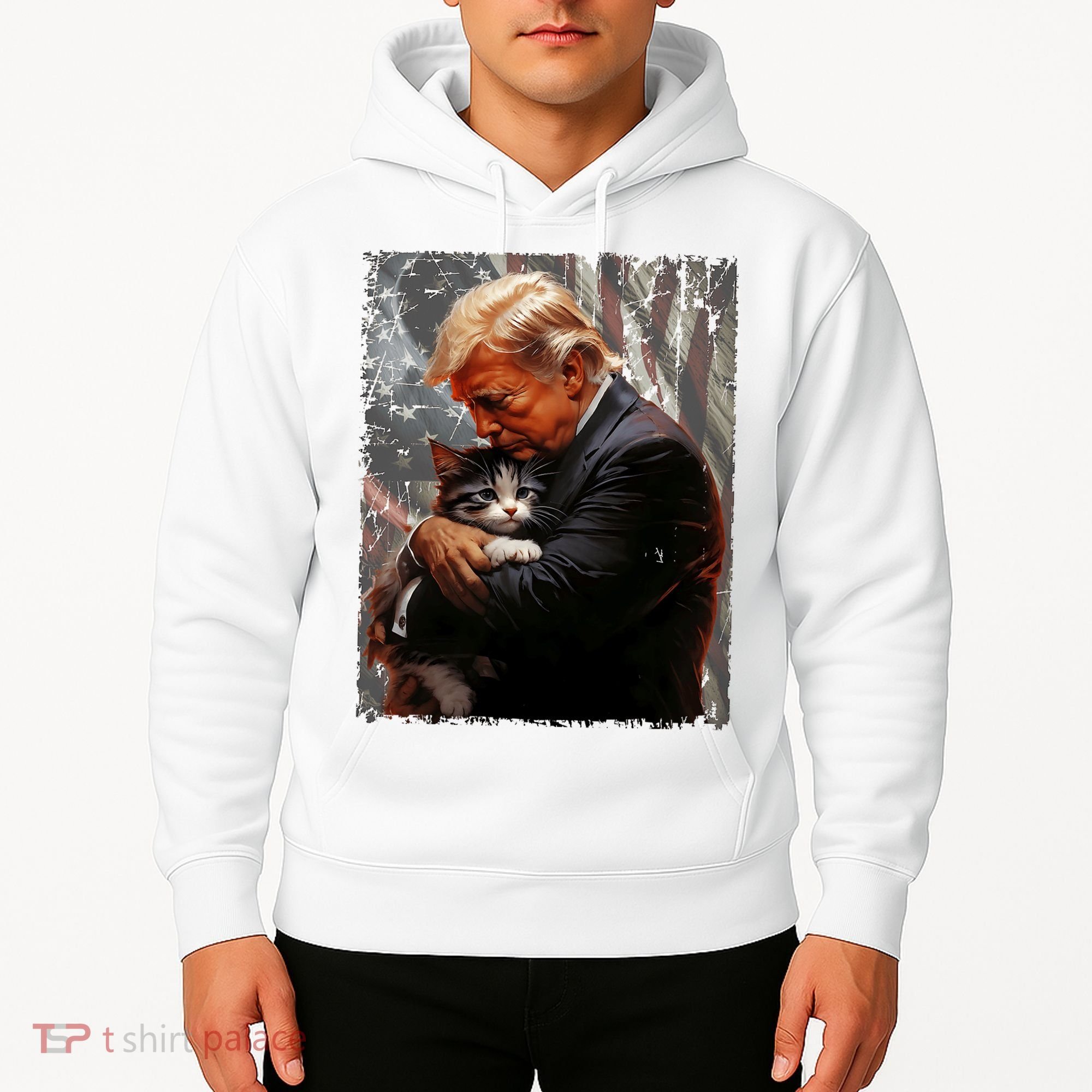 Trump Hugging An Orange Cat 2024 Make Cats Safe Again Hoodie