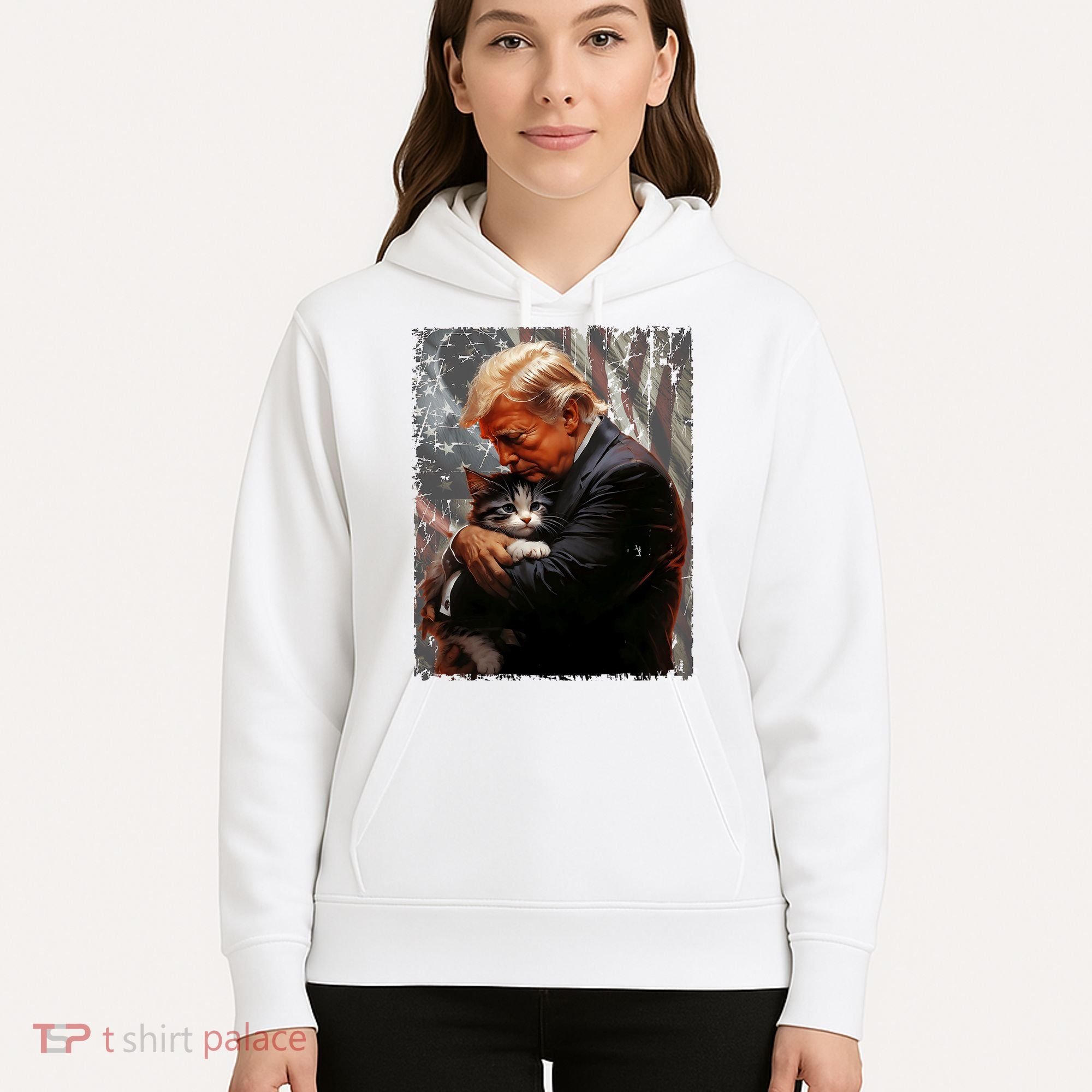 Trump Hugging An Orange Cat 2024 Make Cats Safe Again Hoodie
