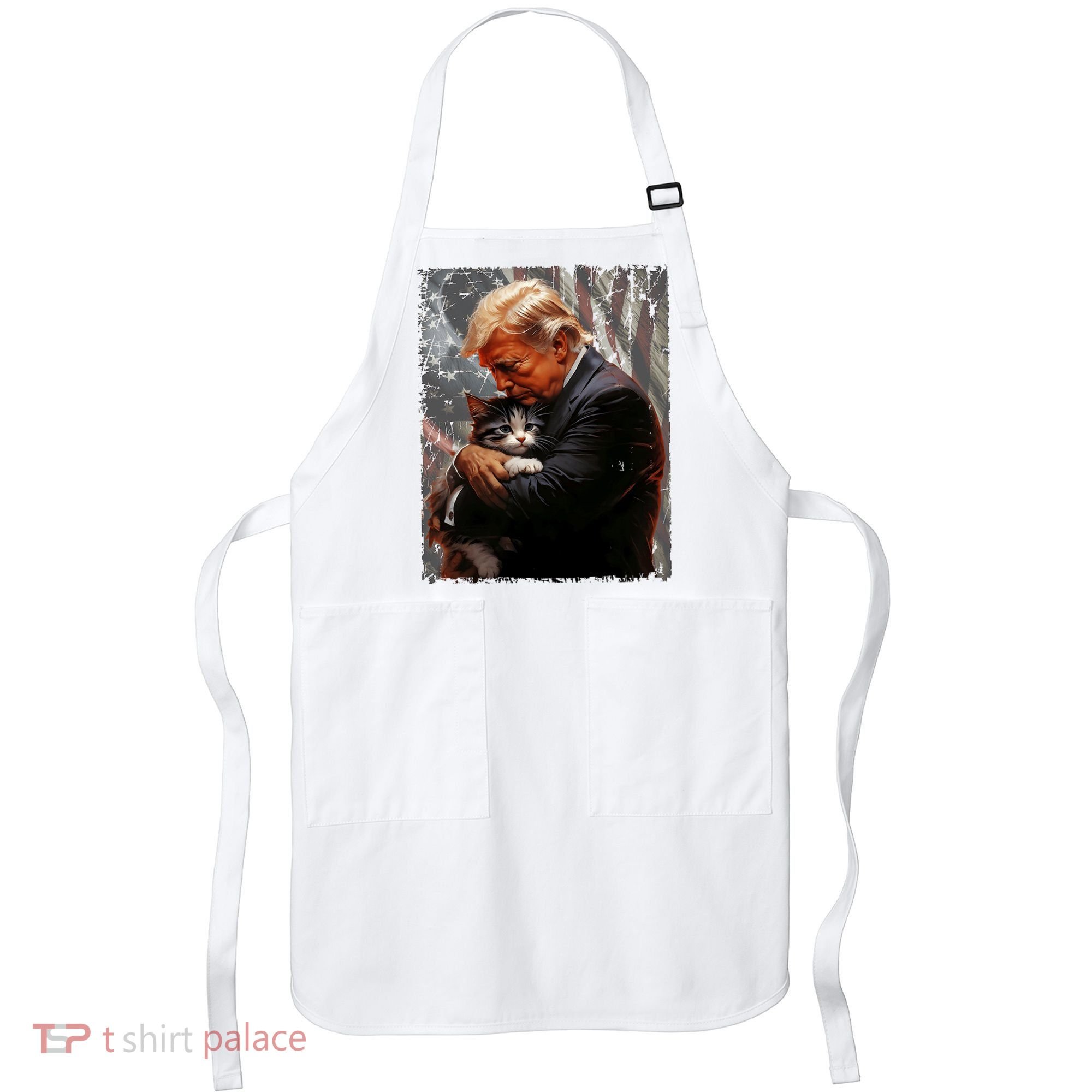 Trump Hugging An Orange Cat 2024 Make Cats Safe Again Apron