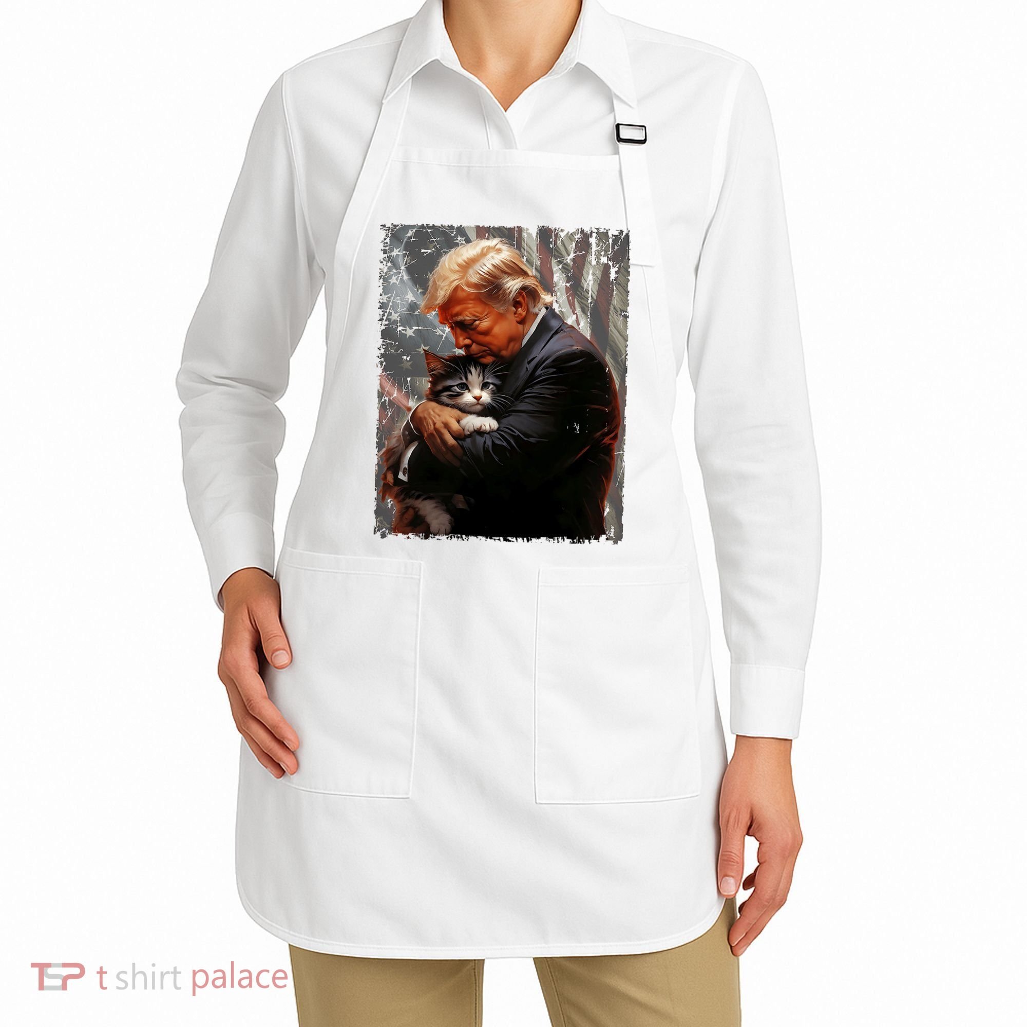 Trump Hugging An Orange Cat 2024 Make Cats Safe Again Apron