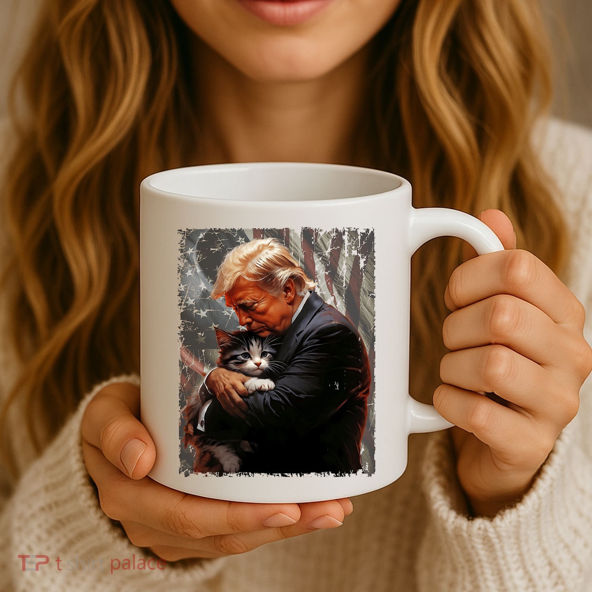 Trump Hugging An Orange Cat 2024 Make Cats Safe Again Coffee Mug