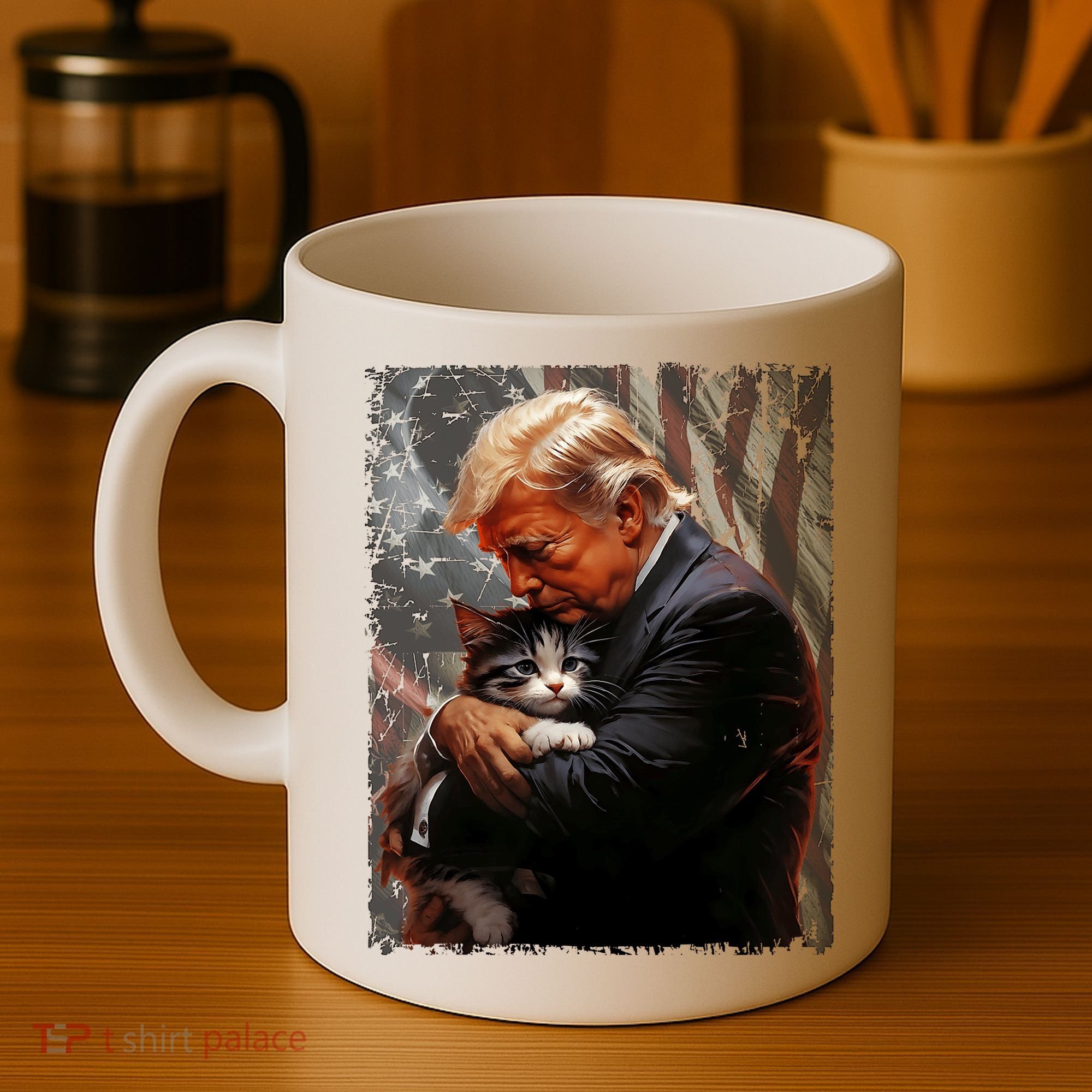 Trump Hugging An Orange Cat 2024 Make Cats Safe Again Coffee Mug