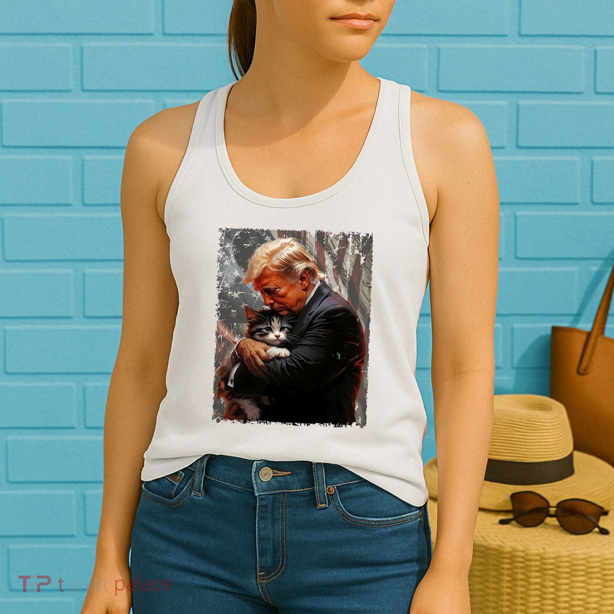 Trump Hugging An Orange Cat 2024 Make Cats Safe Again Women's Tank Top