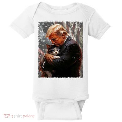 Trump Hugging An Orange Cat 2024 Make Cats Safe Again Baby Bodysuit