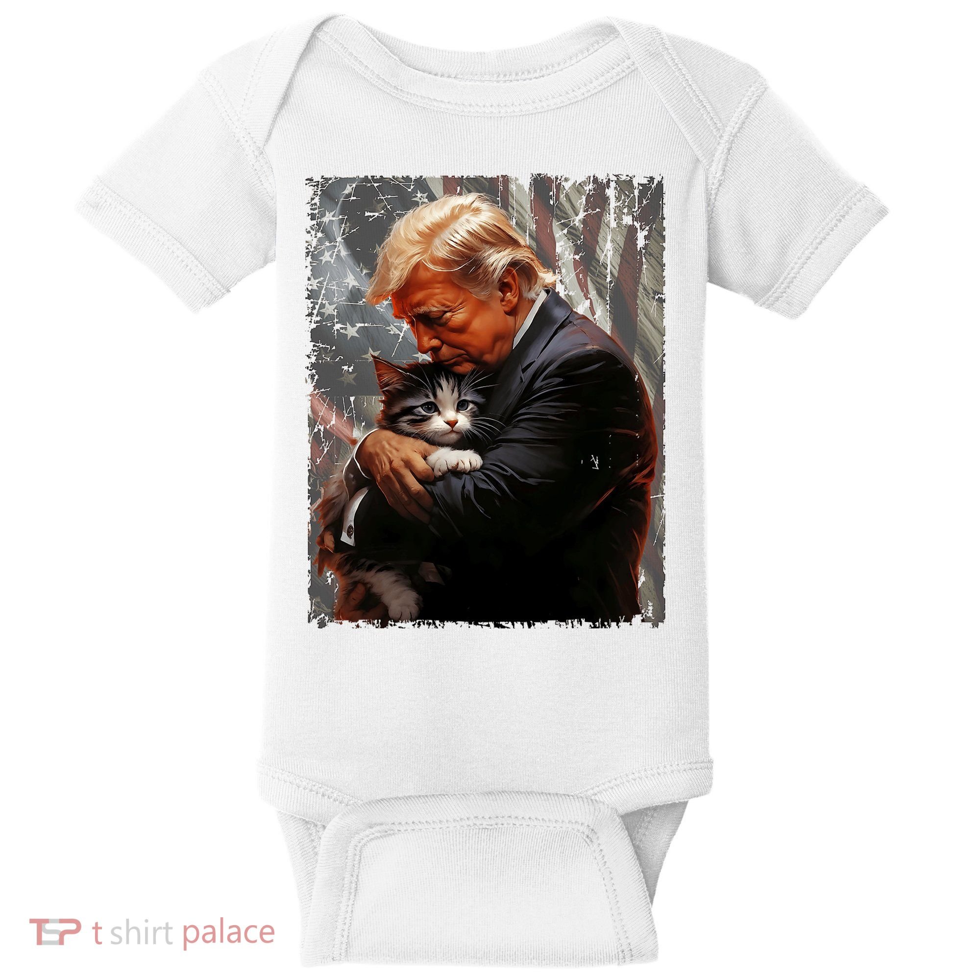 Trump Hugging An Orange Cat 2024 Make Cats Safe Again Baby Bodysuit