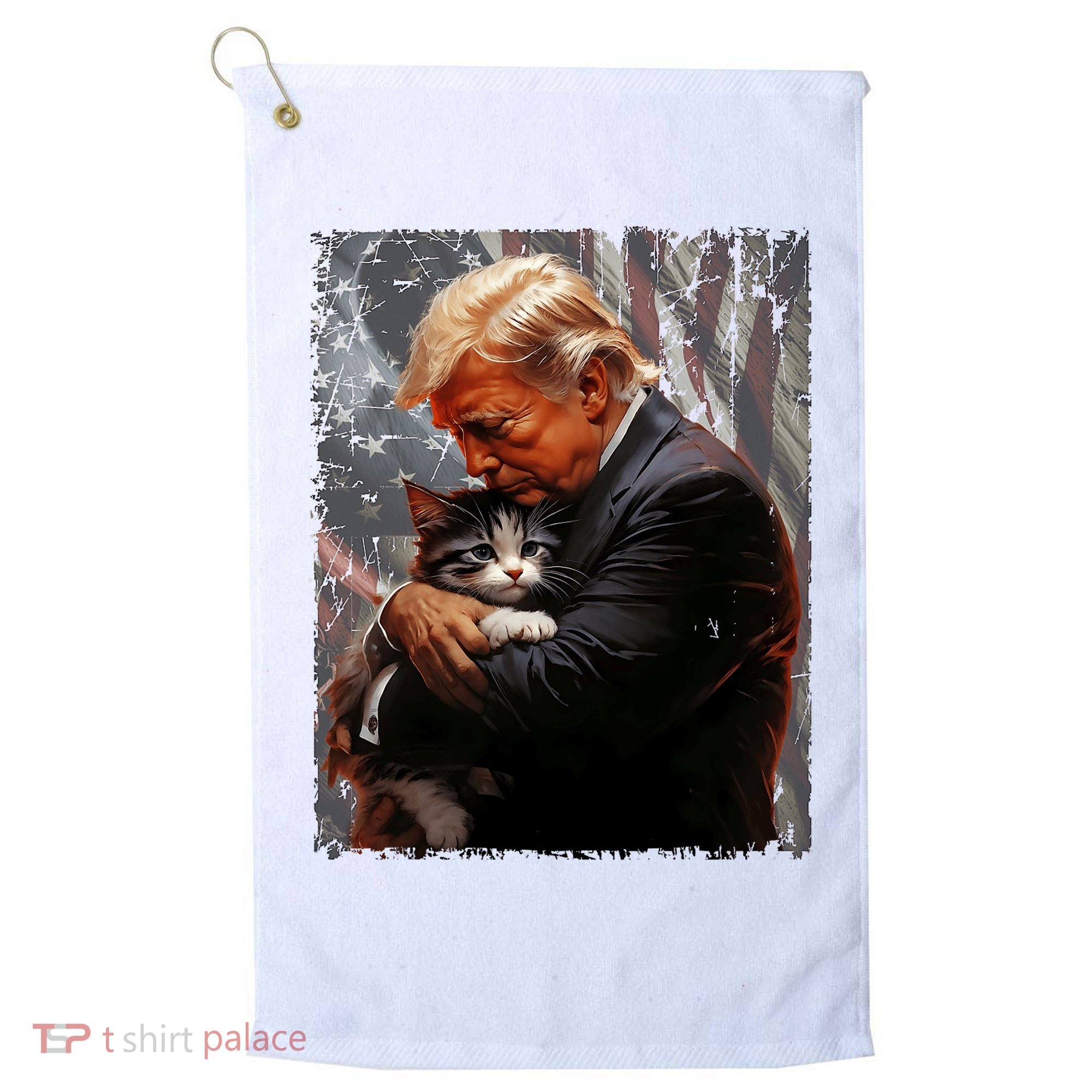 Trump Hugging An Orange Cat 2024 Make Cats Safe Again Golf Towel