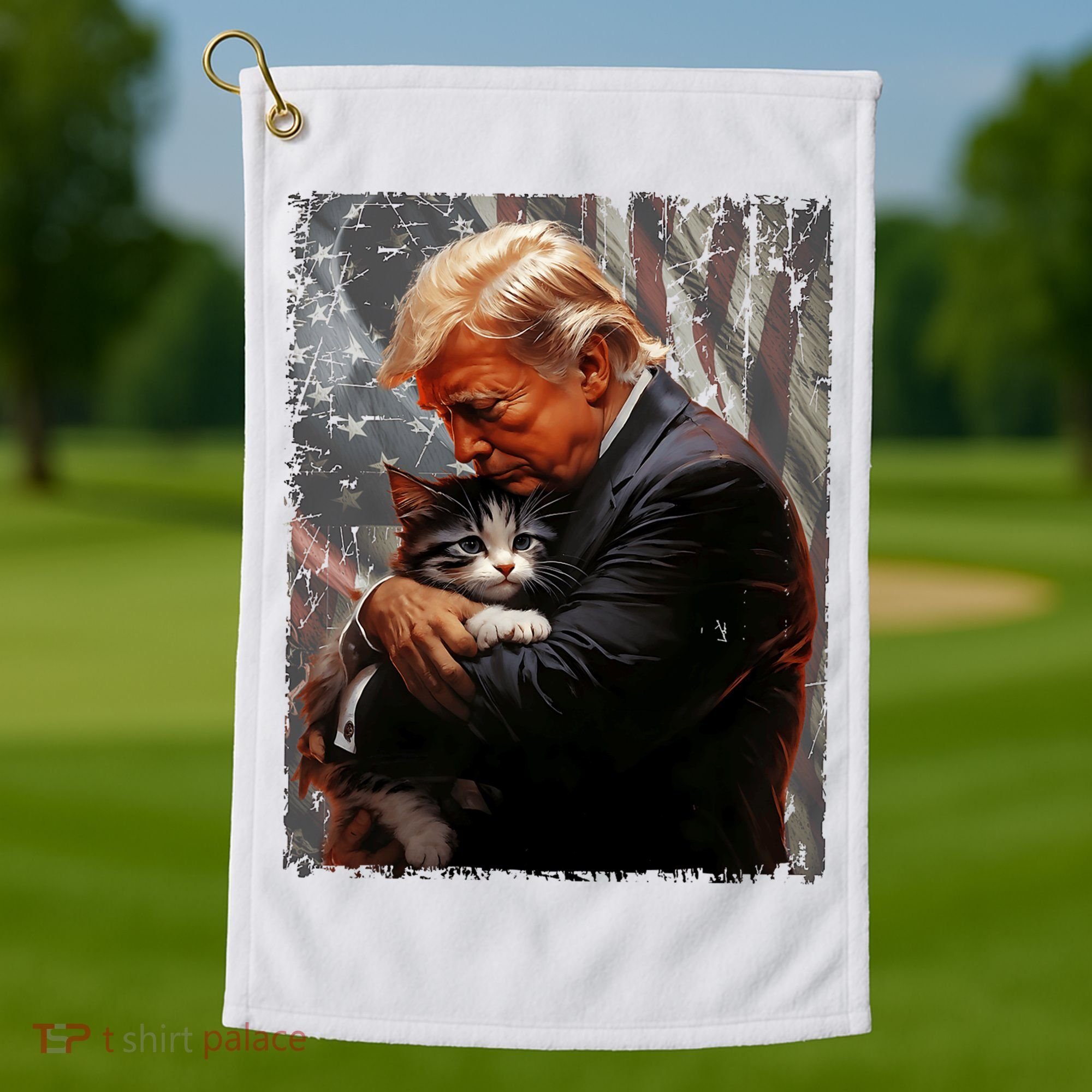 Trump Hugging An Orange Cat 2024 Make Cats Safe Again Golf Towel