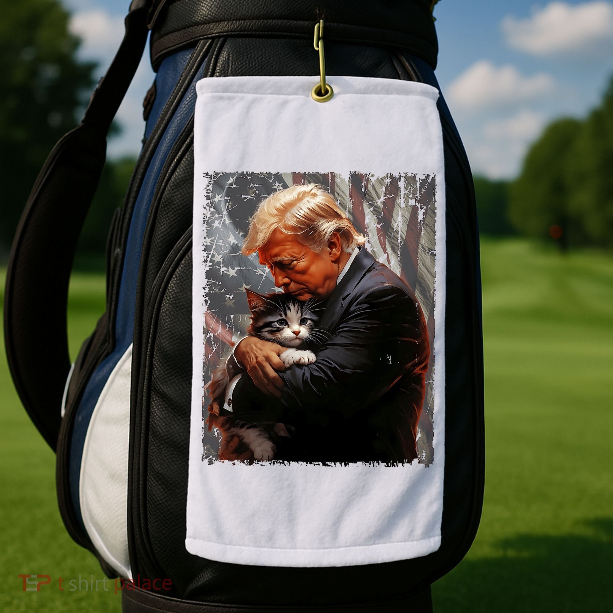 Trump Hugging An Orange Cat 2024 Make Cats Safe Again Golf Towel
