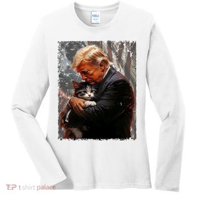 Trump Hugging An Orange Cat 2024 Make Cats Safe Again Women's Long Sleeve Shirt