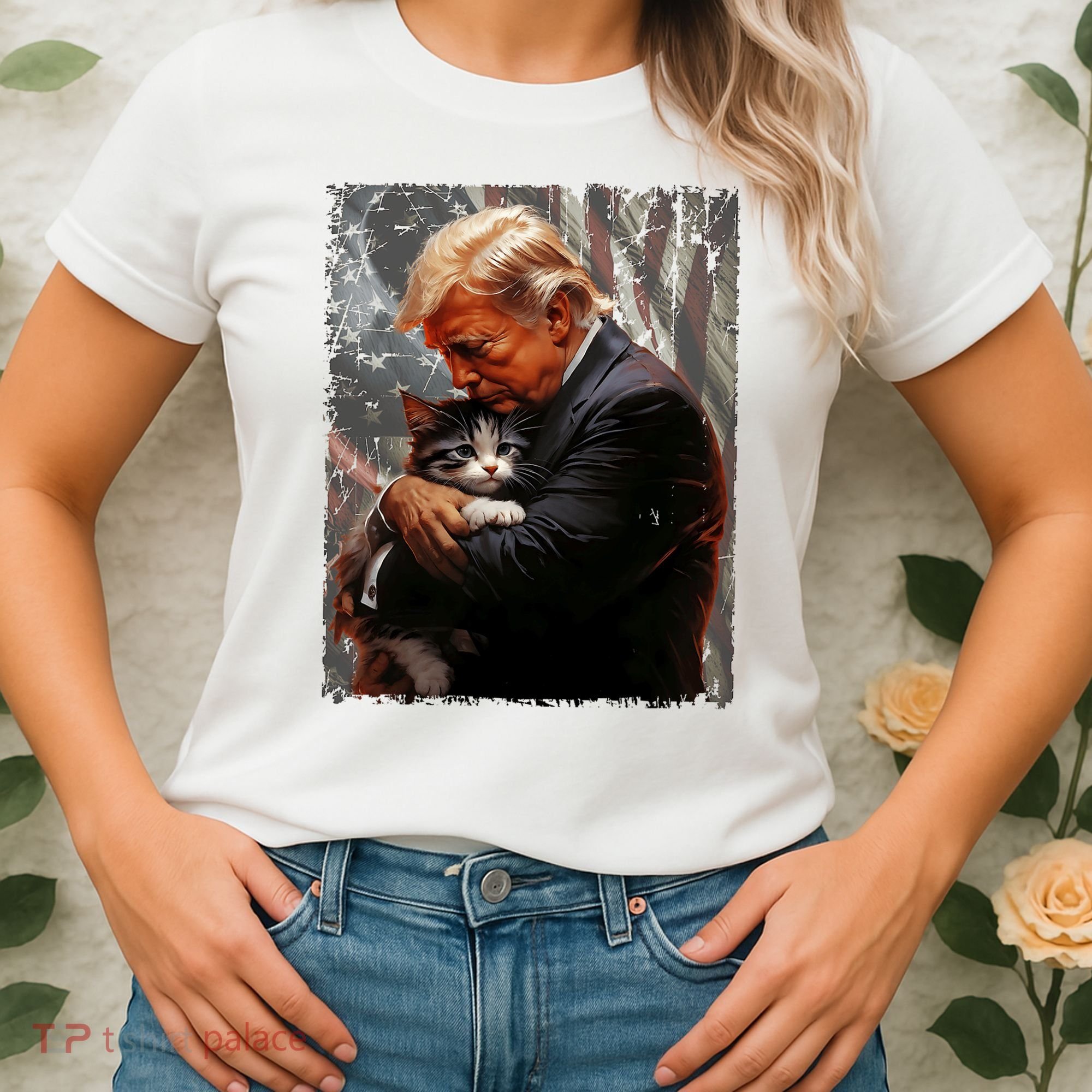 Trump Hugging An Orange Cat 2024 Make Cats Safe Again Women's T-Shirt
