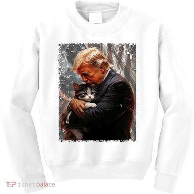 Trump Hugging An Orange Cat 2024 Make Cats Safe Again Kids Sweatshirt