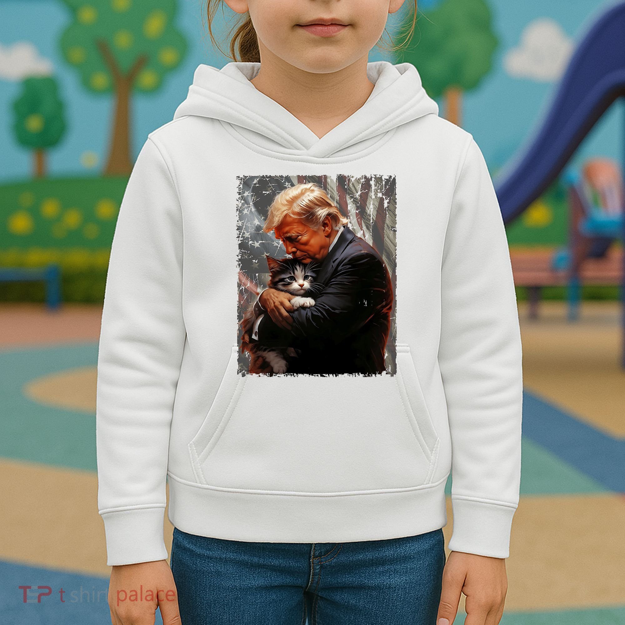 Trump Hugging An Orange Cat 2024 Make Cats Safe Again Kids Hoodie