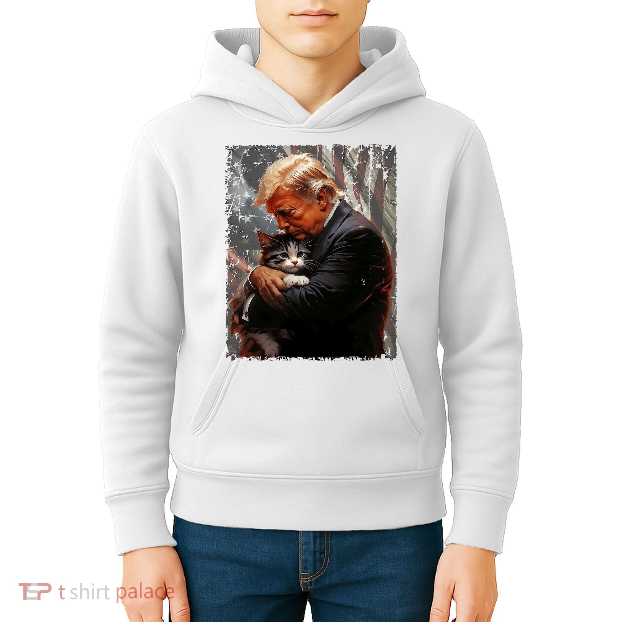 Trump Hugging An Orange Cat 2024 Make Cats Safe Again Kids Hoodie
