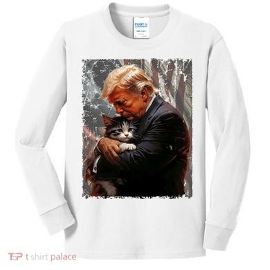 Trump Hugging An Orange Cat 2024 Make Cats Safe Again Kids Long Sleeve Shirt
