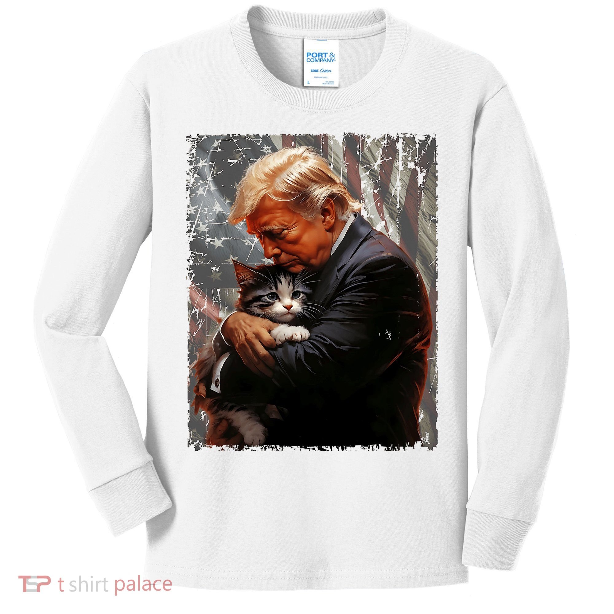 Trump Hugging An Orange Cat 2024 Make Cats Safe Again Kids Long Sleeve Shirt
