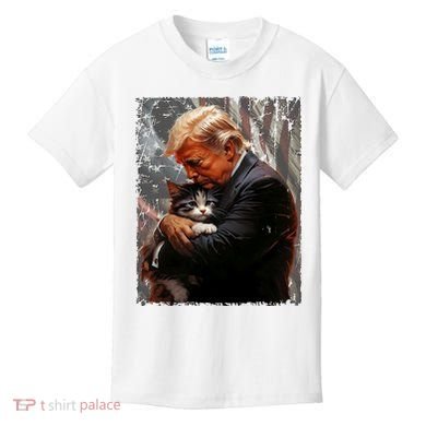 Trump Hugging An Orange Cat 2024 Make Cats Safe Again Kids T-Shirt